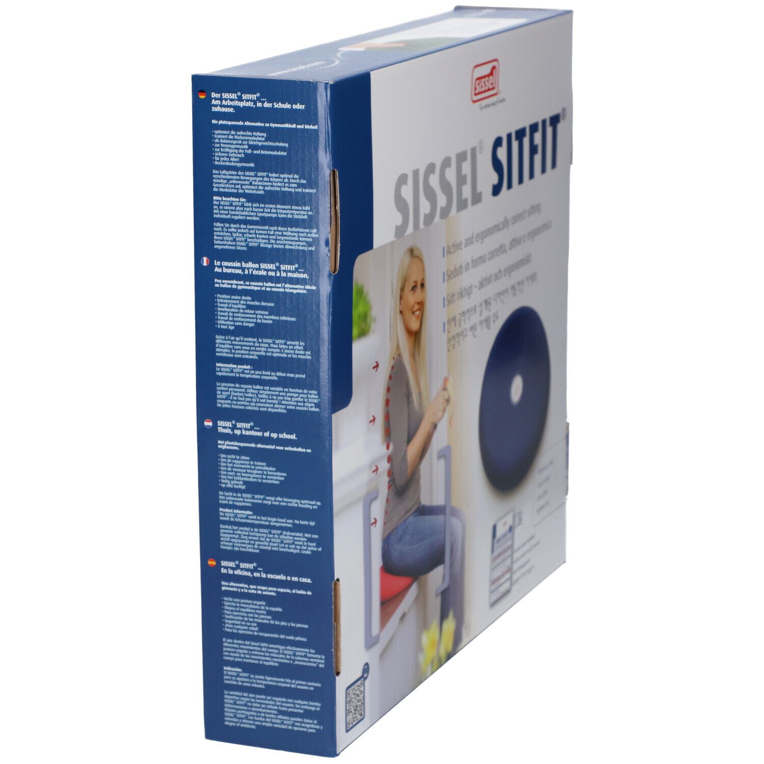 Emballage avec coussin de siège bleu Sissel Sitfit. Vue latérale. Texte : Assise active et ergonomique.
