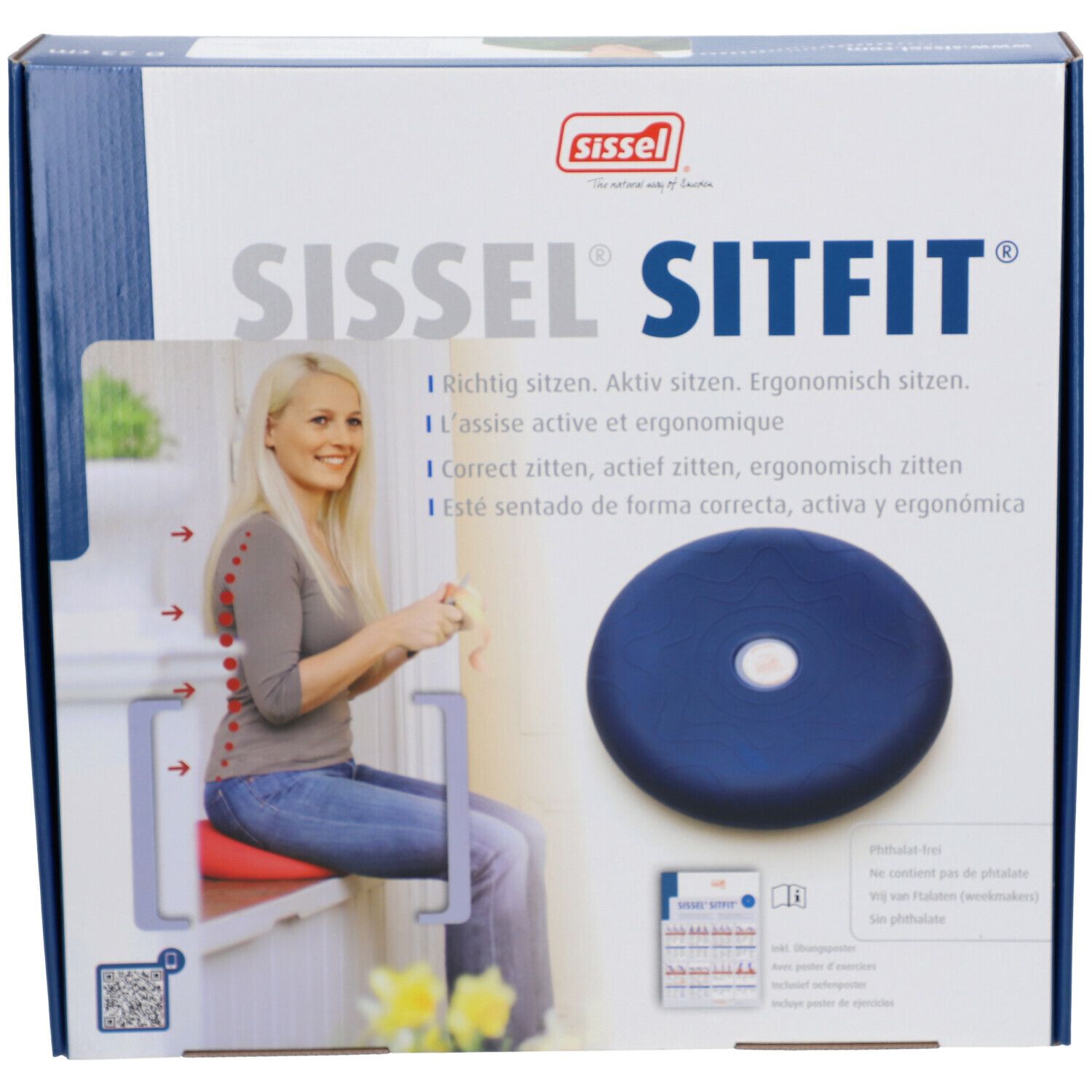 Emballage avec coussin de siège bleu Sissel Sitfit. Femme assise sur un banc, colonne vertébrale marquée. Texte : Assise correcte, active, ergonomique.