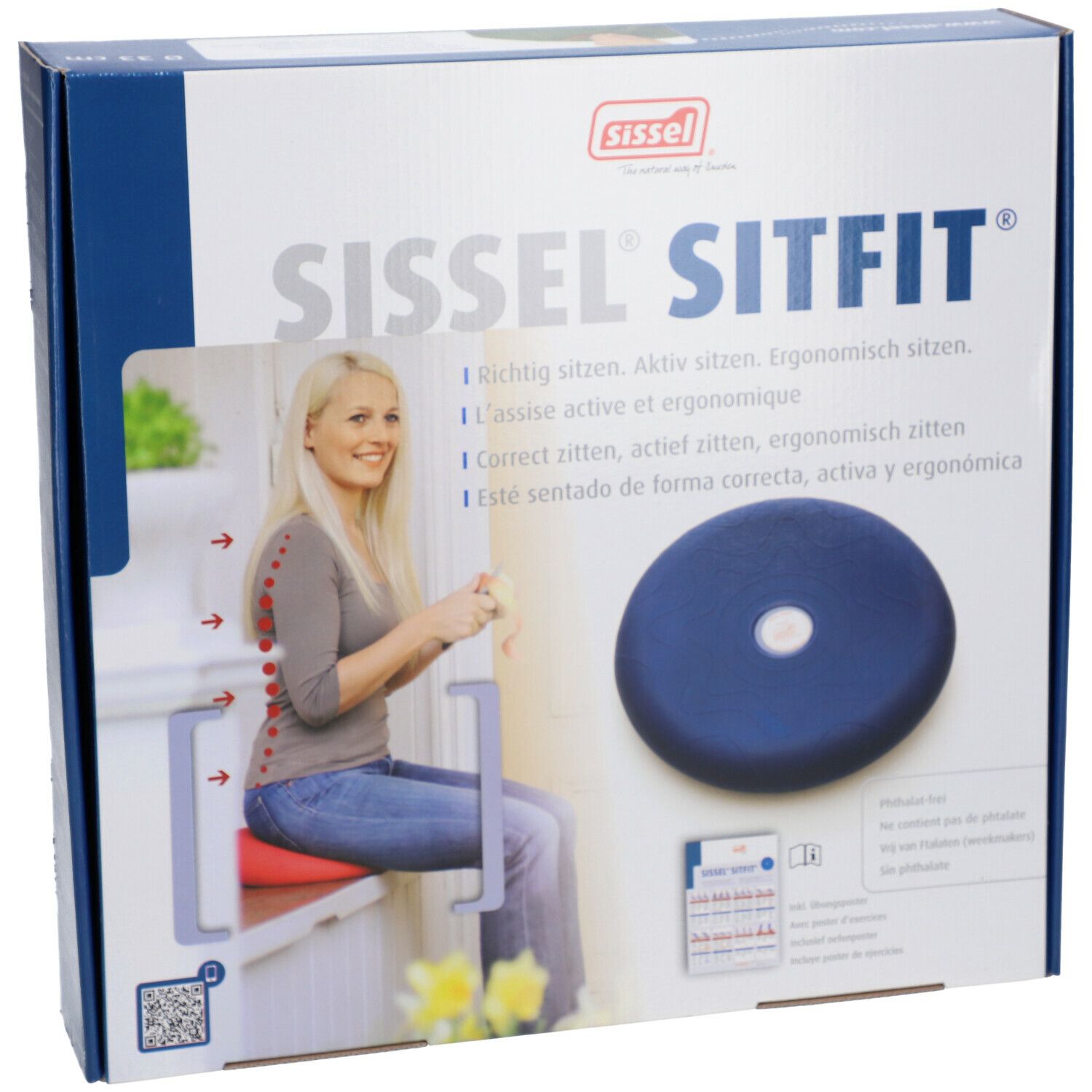 Emballage avec coussin de siège bleu Sissel Sitfit. Femme assise sur un banc, colonne vertébrale marquée. Texte : Assise correcte, active, ergonomique.