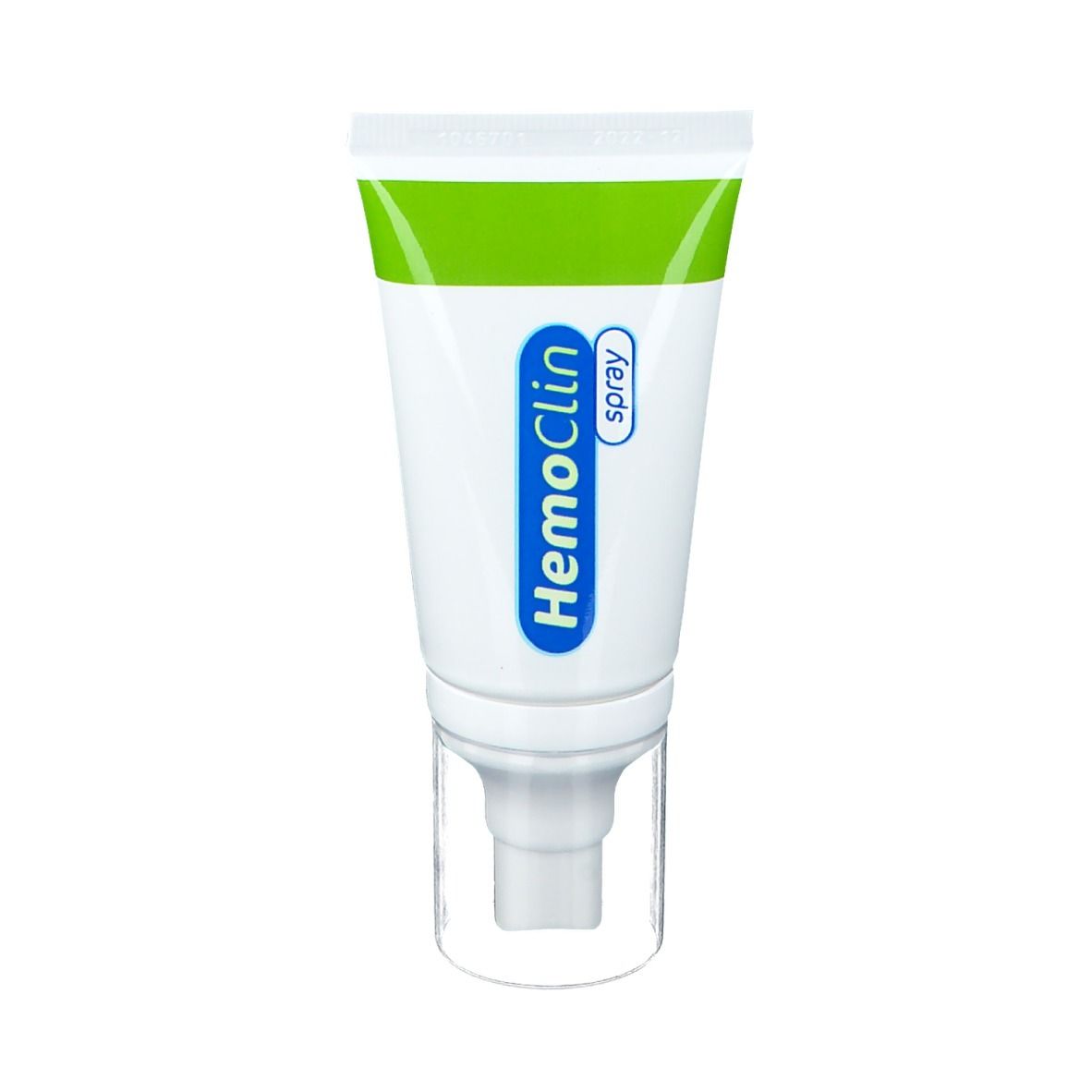 Weiße Tube mit grünem Streifen und Sprühkopf. Aufschrift: HemoClin Spray.