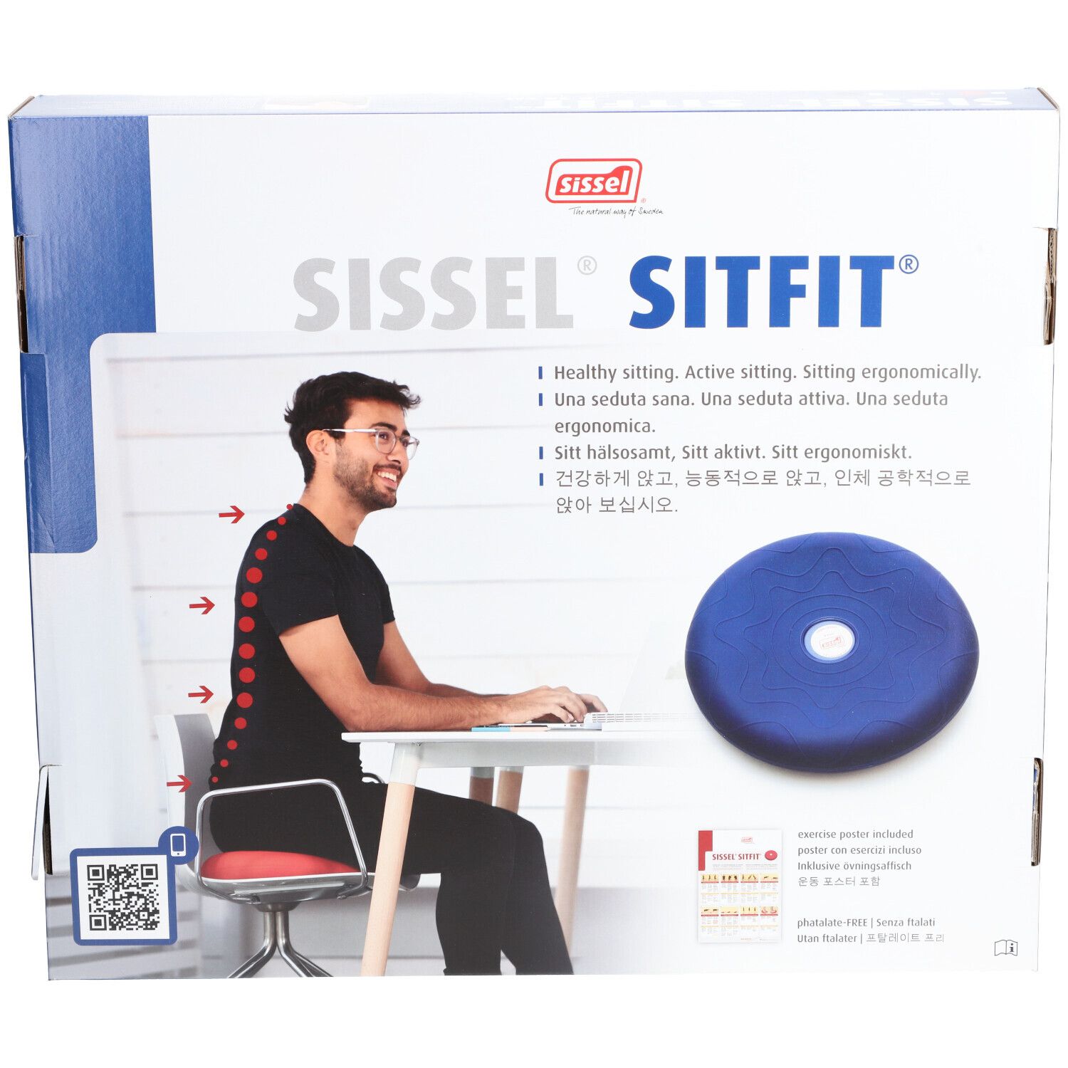 Coussin de siège bleu avec trou, sur emballage. Texte: Sissel Sitfit, Healthy sitting. Homme au bureau.
