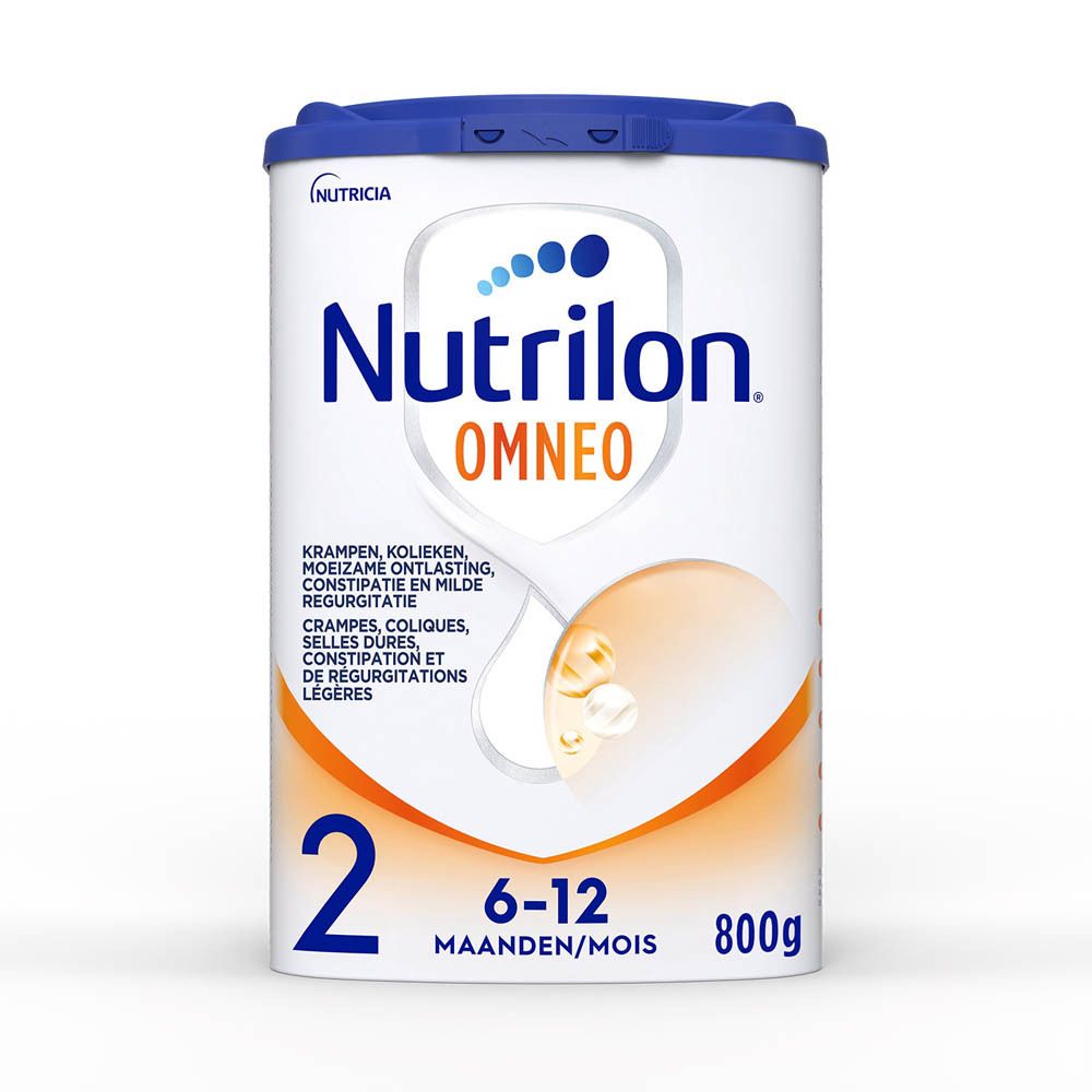 Boîte de Nutrilon Omneo 2. Pour bébés de 6-12 mois. 800g. Bouchon bleu, fond blanc.