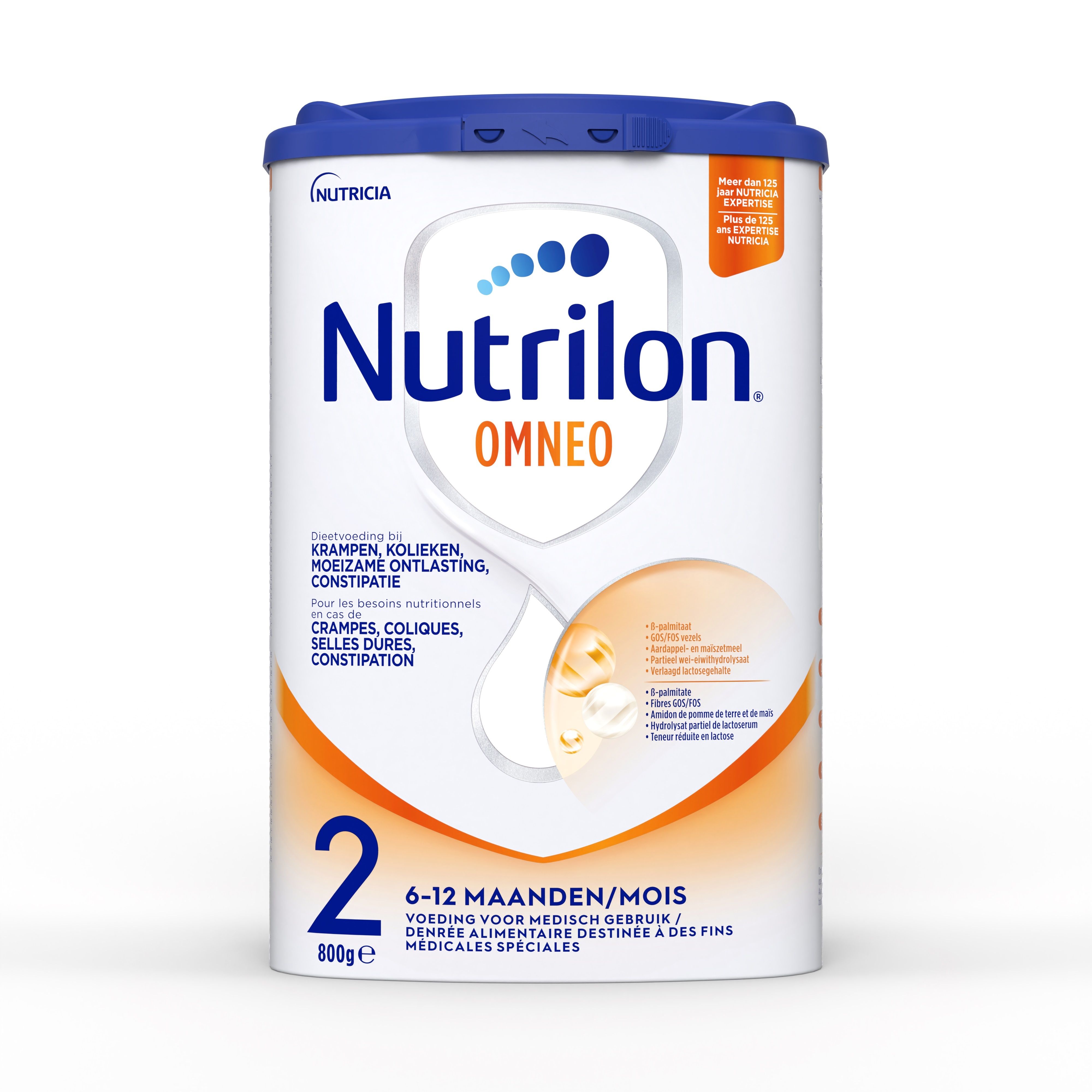 Boîte de Nutrilon Omneo 2. Pour bébés de 6-12 mois. 800g. Bouchon bleu, fond blanc.