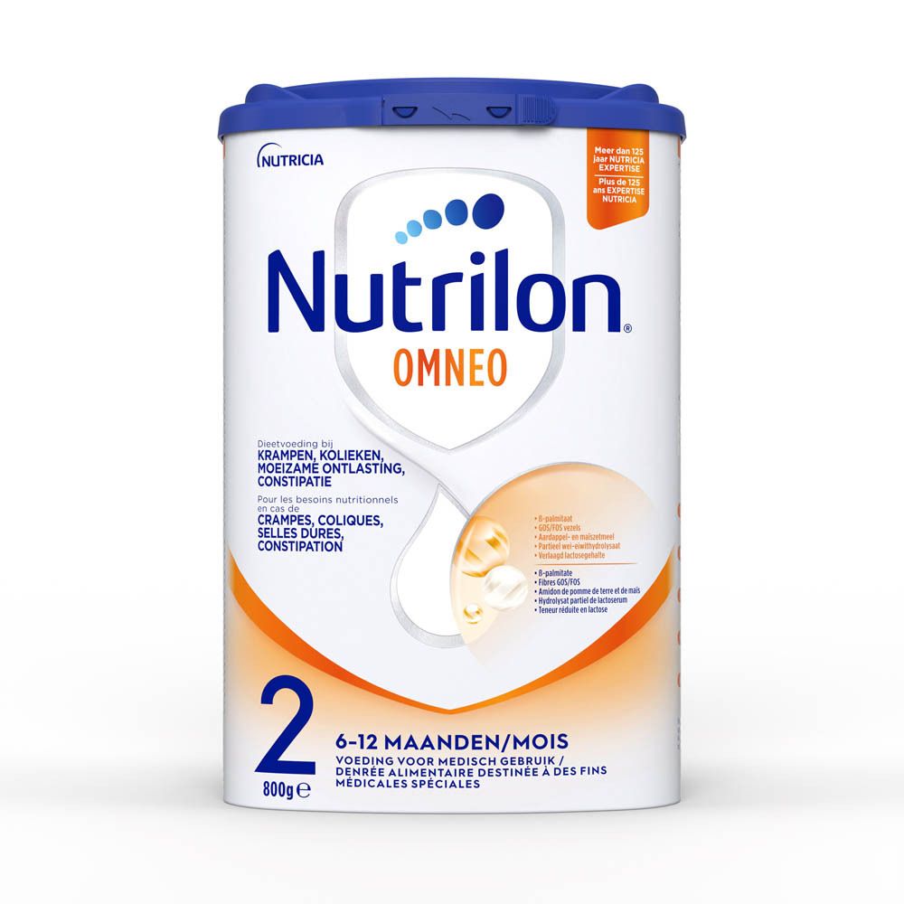 Bus Nutrilon Omneo 2. Voor baby's van 6-12 maanden. 800g. Blauwe dop, witte achtergrond.