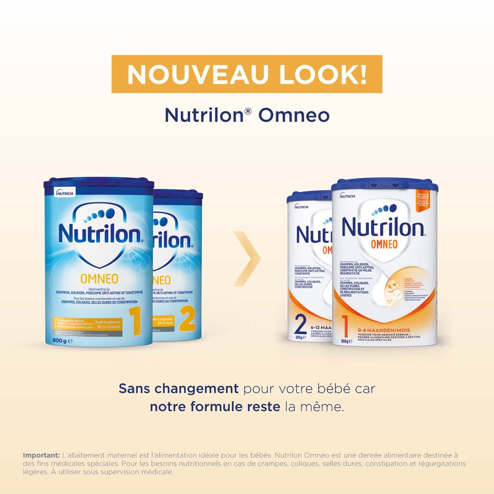 Comparaison Nutrilon Omneo 1 et 2. Nouveau look. Formule inchangée.
