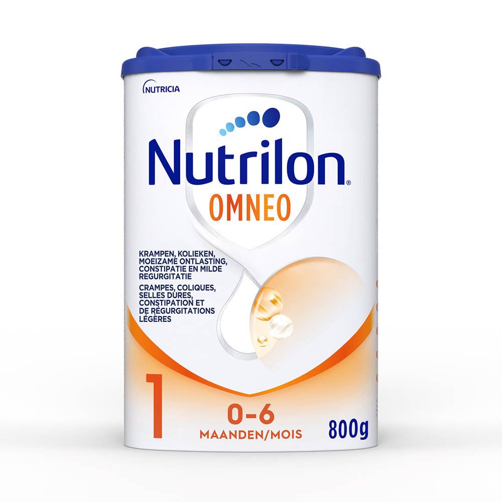 Boîte de Nutrilon Omneo 1. Boîte bleue avec couvercle. Inscription : marque, nom du produit, âge, poids.