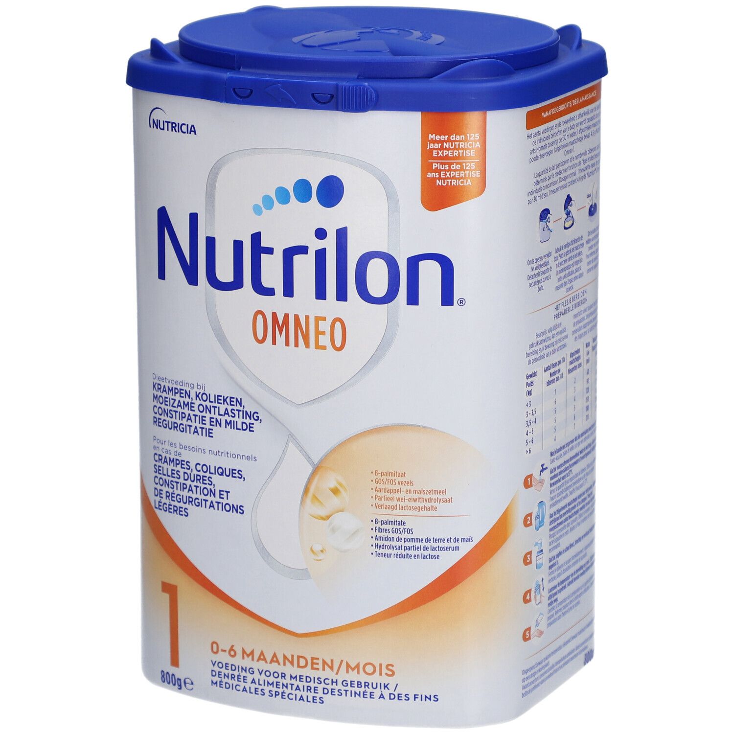 Boîte de Nutrilon Omneo 1. Boîte bleue avec couvercle. Inscription : marque, nom du produit, âge, poids.