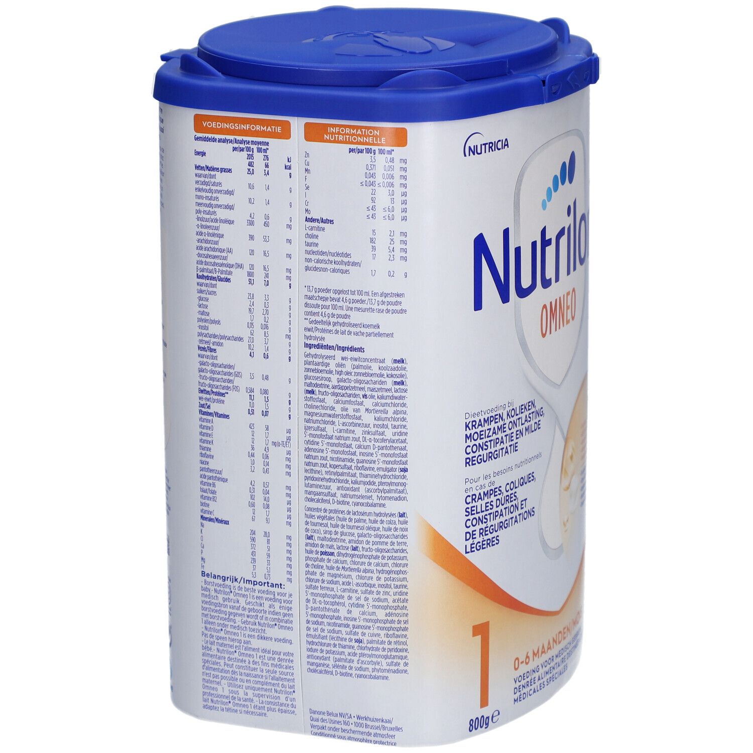 Dos de la boîte Nutrilon Omneo 1. Contient des informations nutritionnelles et des ingrédients.