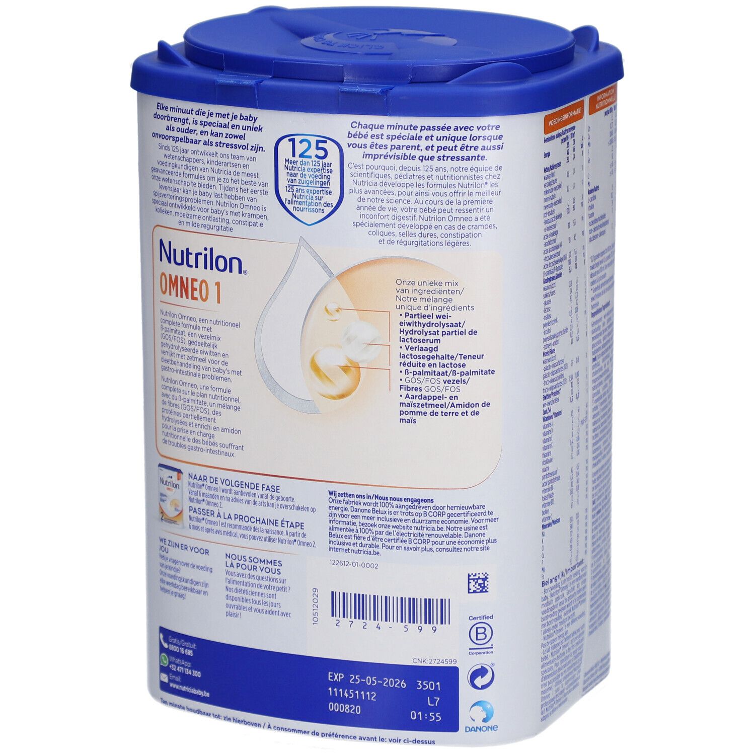 Dos de la boîte Nutrilon Omneo 1. Contient des informations et des avertissements.
