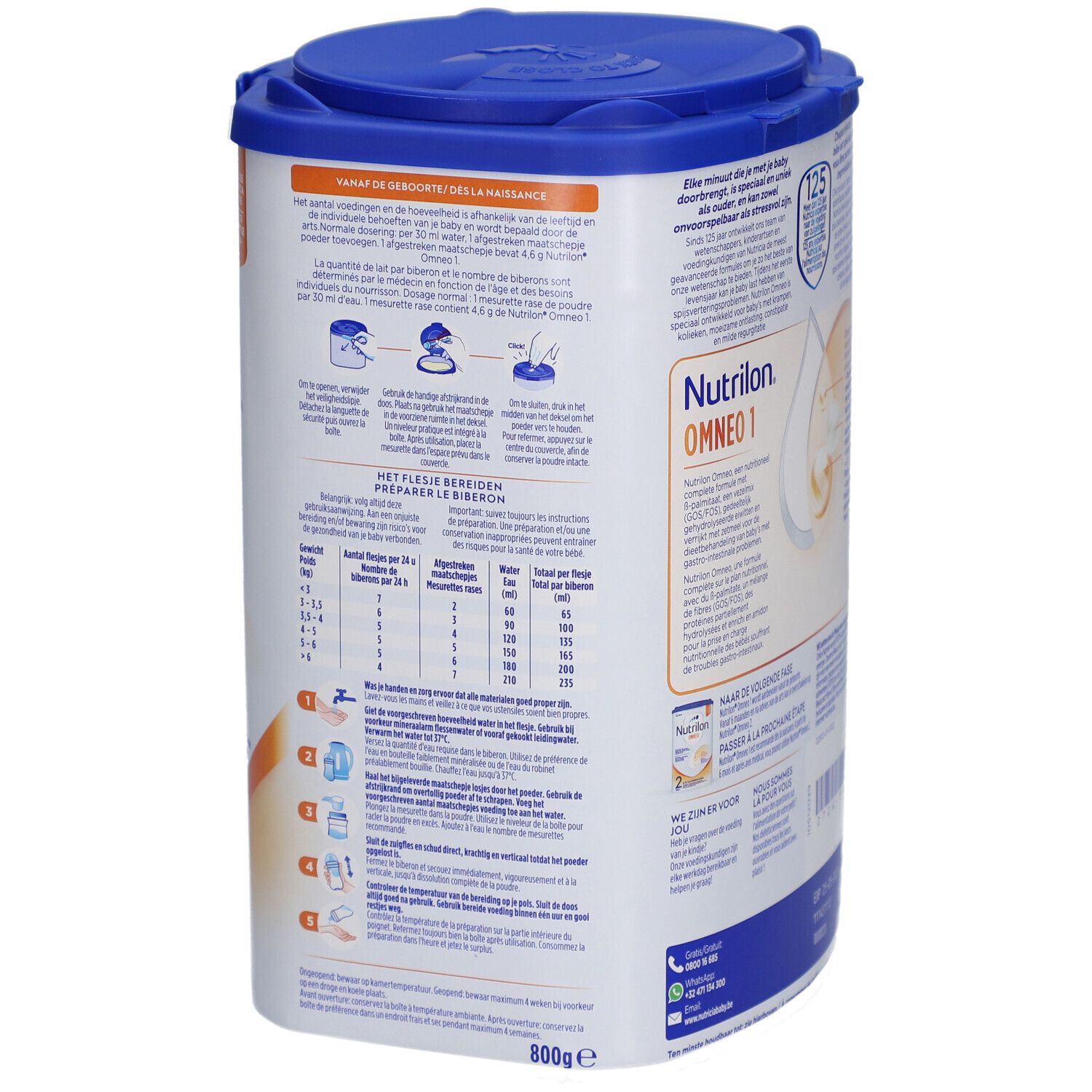 Dos de la boîte Nutrilon Omneo 1. Contient des informations sur la préparation.