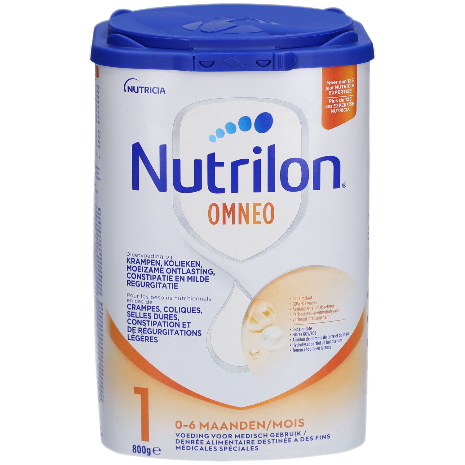Boîte de Nutrilon Omneo 1. Boîte bleue avec couvercle. Inscription : marque, nom du produit, âge, poids.