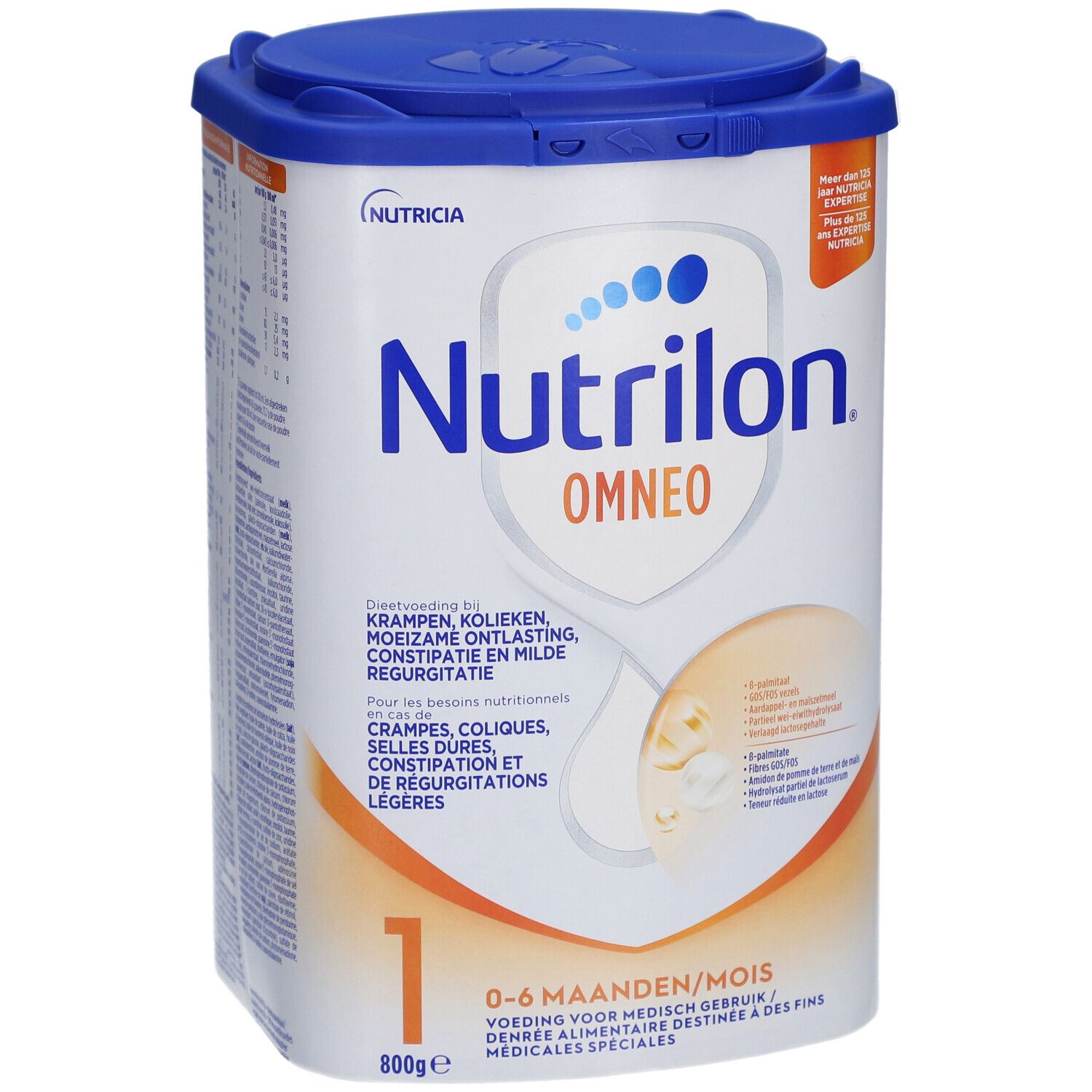 Boîte de Nutrilon Omneo 1. Boîte bleue avec couvercle. Inscription : marque, nom du produit, âge, poids.