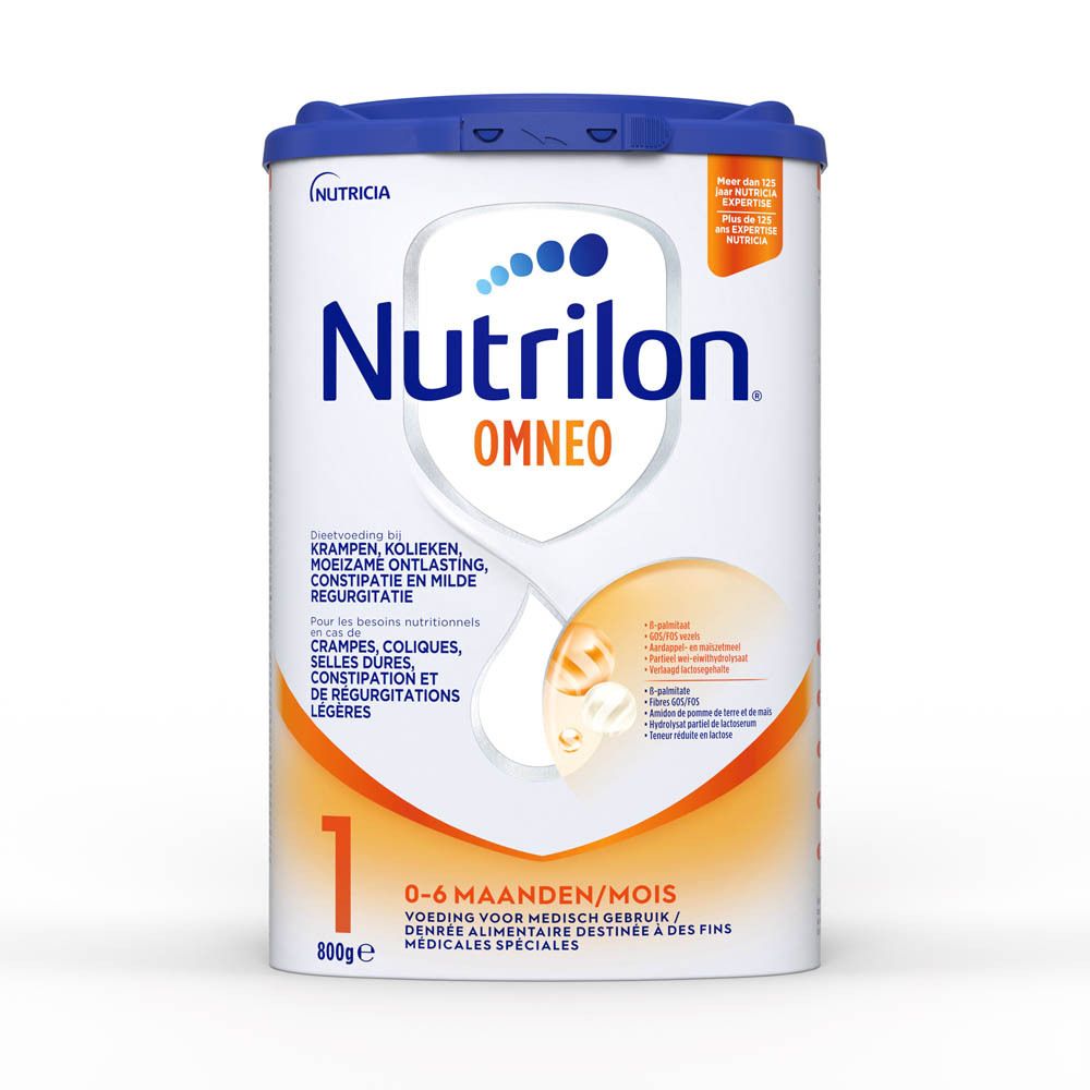 Boîte de Nutrilon Omneo 1. Boîte bleue avec couvercle. Inscription : marque, nom du produit, âge, poids.