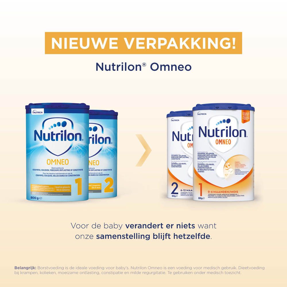 Vergelijking van Nutrilon Omneo 1 en 2. Nieuwe verpakking. Opschrift: merk, productnaam, leeftijd.