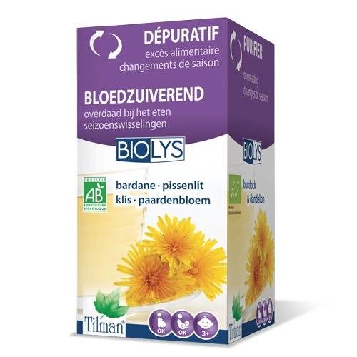 Verpakking Biolys Bardane - Pissenlit. Opschrift DÉPURATIF. AB-certificering. Illustratie van paardenbloem. Logo Tilman en indicaties.