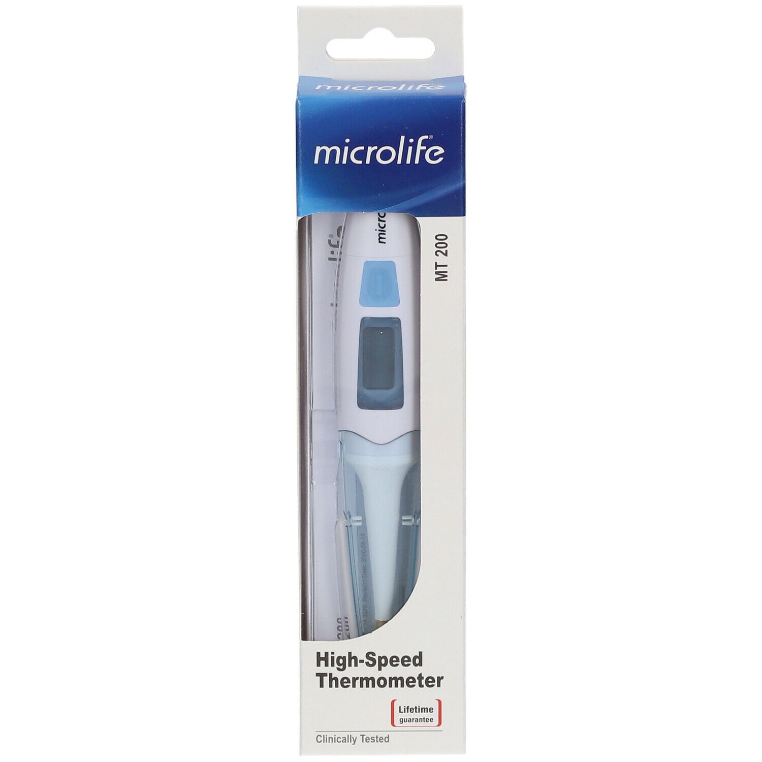 Thermomètre numérique dans son emballage. Marque Microlife, modèle MT 200. "High-Speed Thermometer".