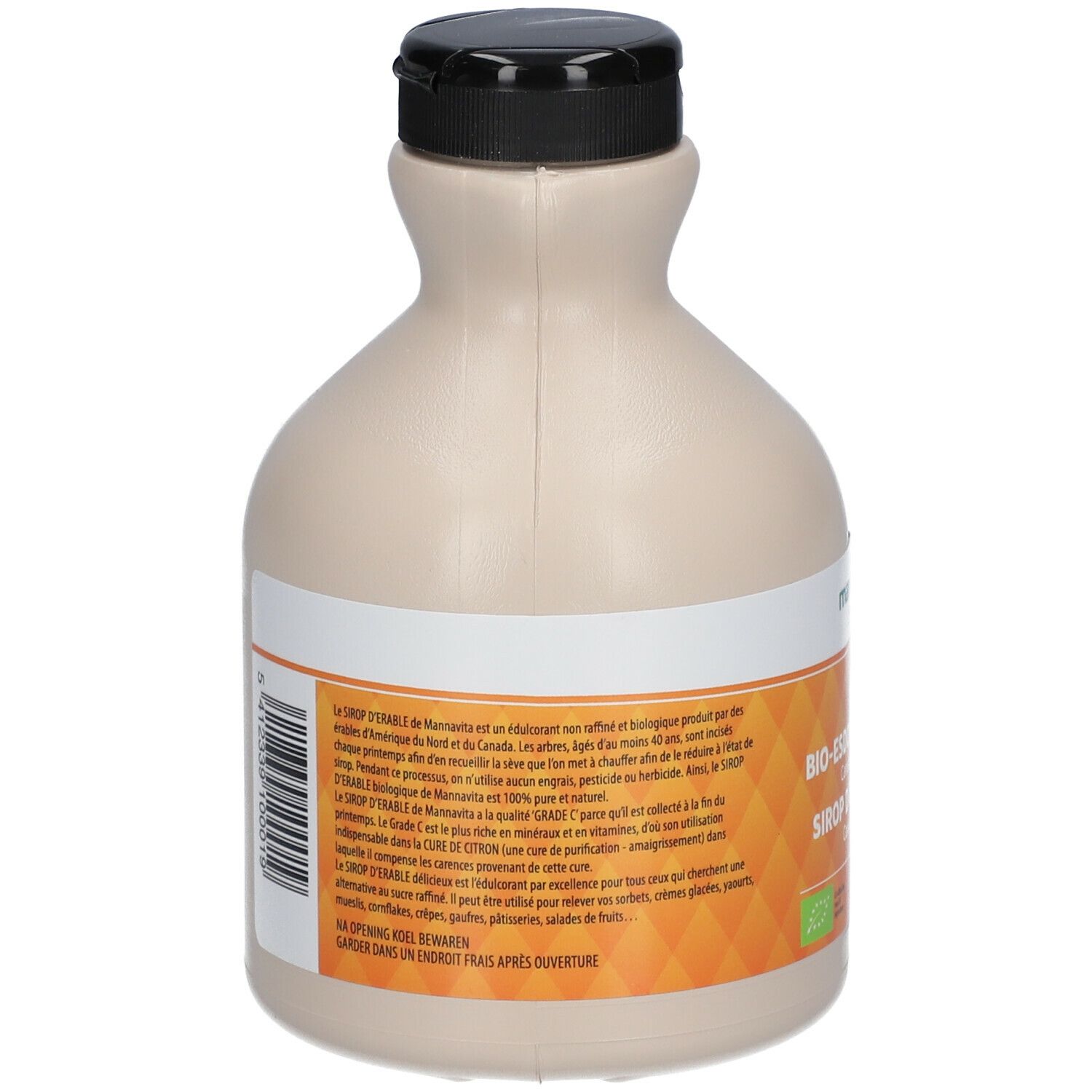 Rückansicht einer beige Flasche mit schwarzem Deckel. Etikett mit Text. Marke: Mannavita. Text in Deutsch, Französisch und Niederländisch. Bio-Siegel.