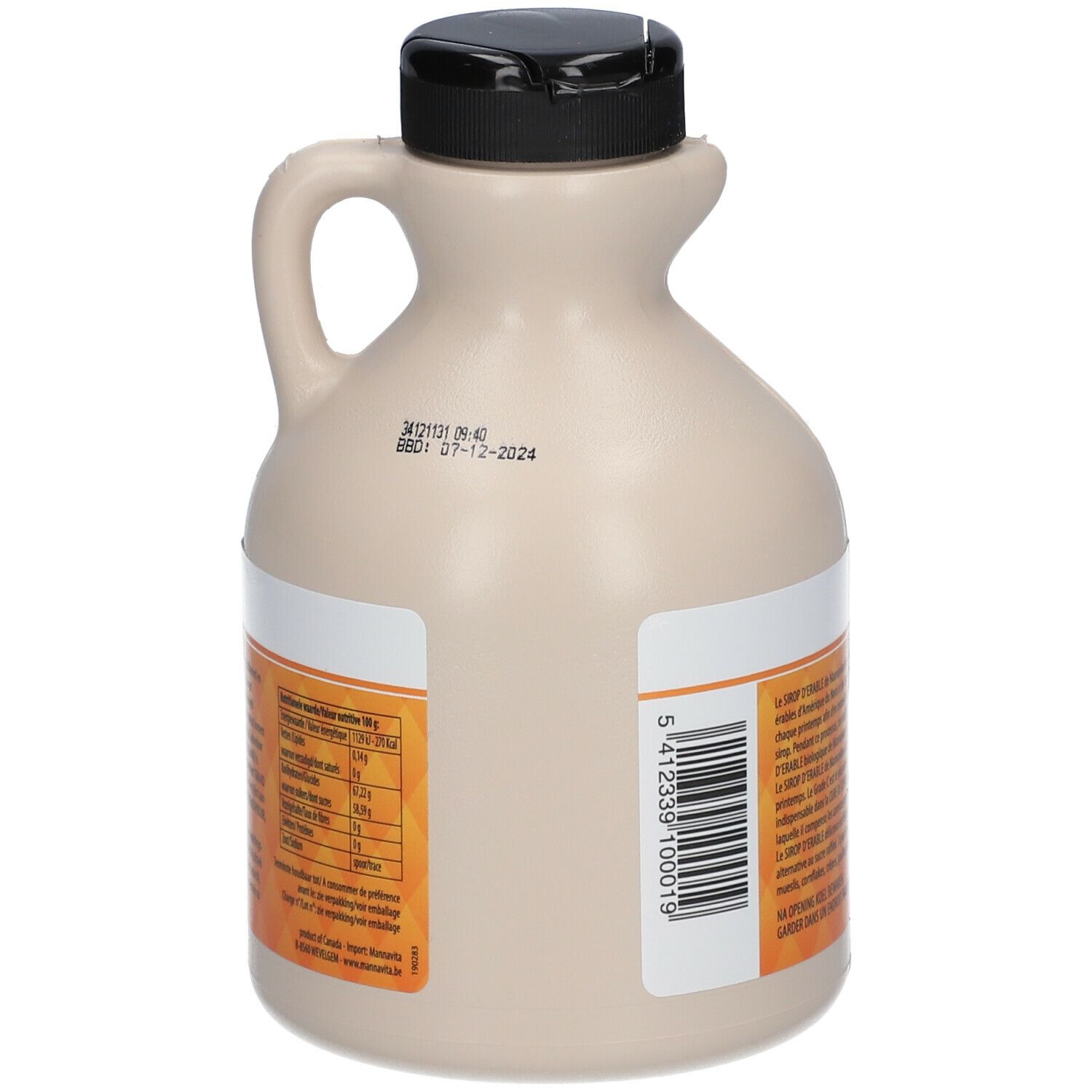Rückansicht einer beige Flasche mit schwarzem Deckel. Etikett mit Text. Marke: Mannavita. Text in Deutsch, Französisch und Niederländisch. Bio-Siegel.