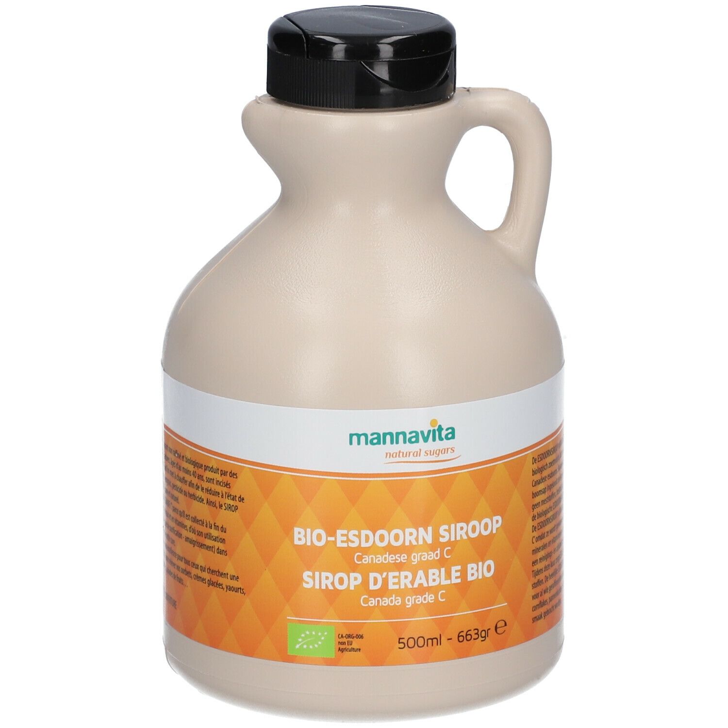 Beige Flasche mit schwarzem Deckel und Griff. Etikett mit Text: BIO-ESDOORN SIROOP, SIROP D'ERABLE BIO, Canada grade C. Marke: Mannavita. 500ml - 663gr.