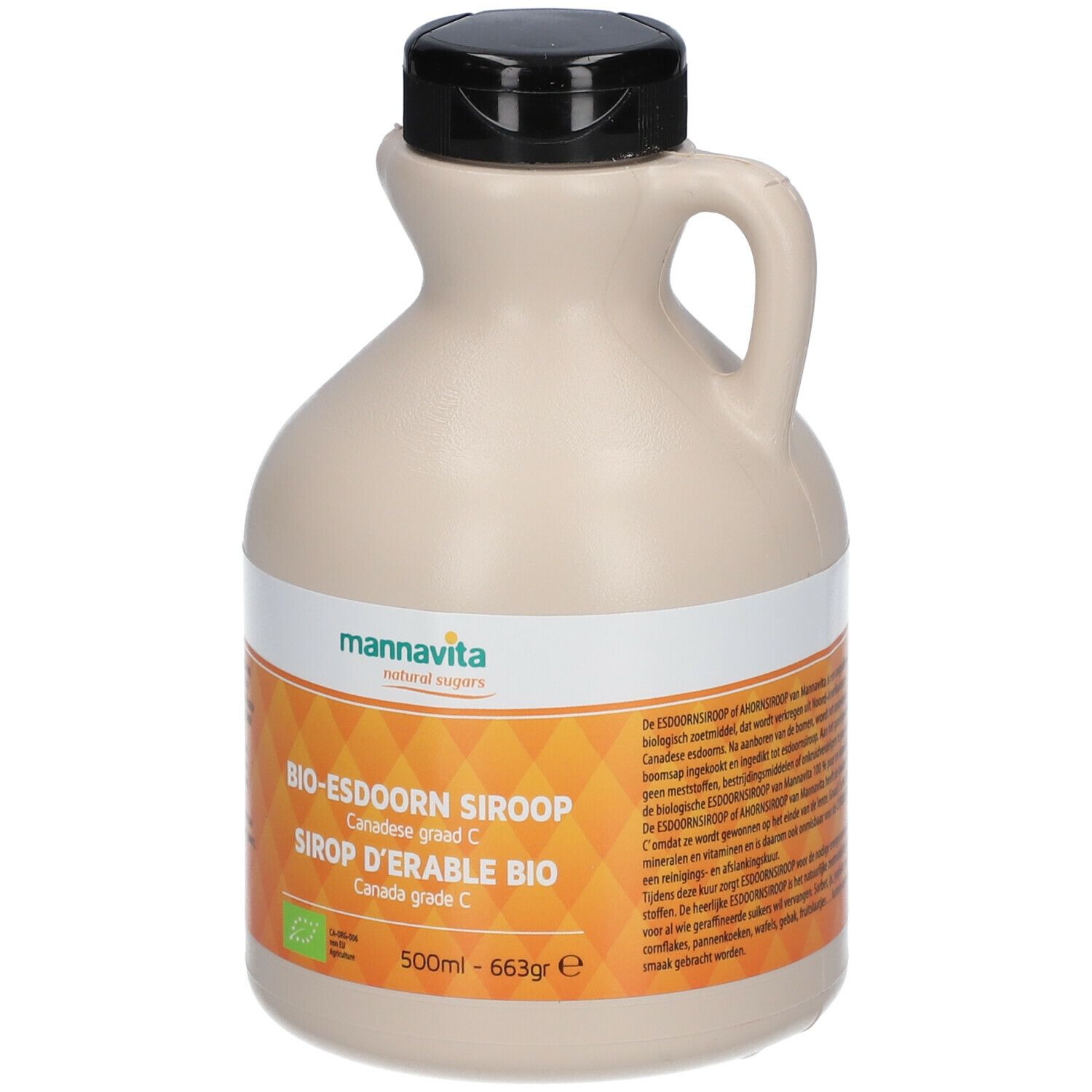 Beige Flasche mit schwarzem Deckel und Griff. Etikett mit Text: BIO-ESDOORN SIROOP, SIROP D'ERABLE BIO, Canada grade C. Marke: Mannavita. 500ml - 663gr.