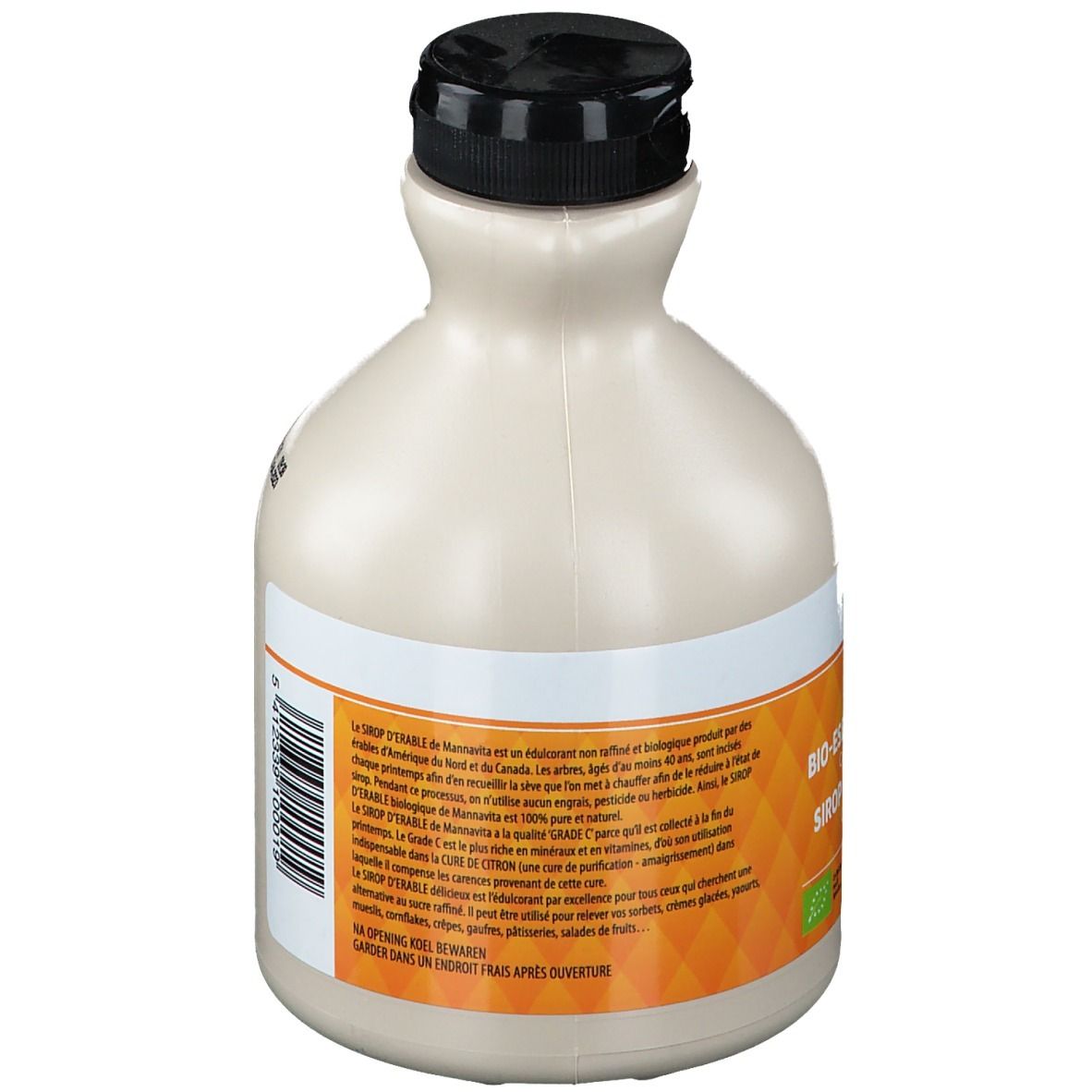 Rückansicht einer beige Flasche mit schwarzem Deckel. Etikett mit Text. Marke: Mannavita. Text in Deutsch, Französisch und Niederländisch. Bio-Siegel.