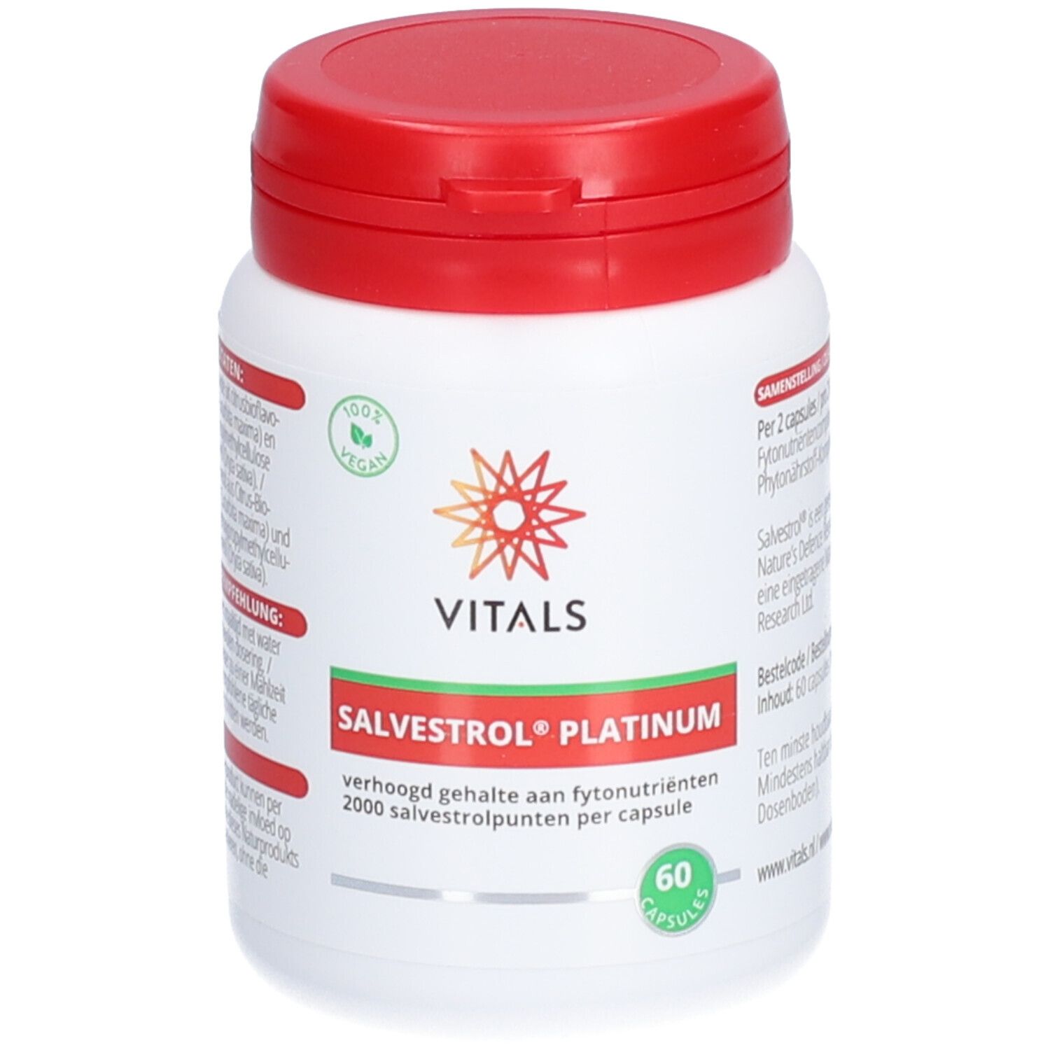 Weiße Flasche mit rotem Deckel. Aufschrift: Vitals Salvestrol Platinum, 60 Kapseln. Vegan-Siegel.