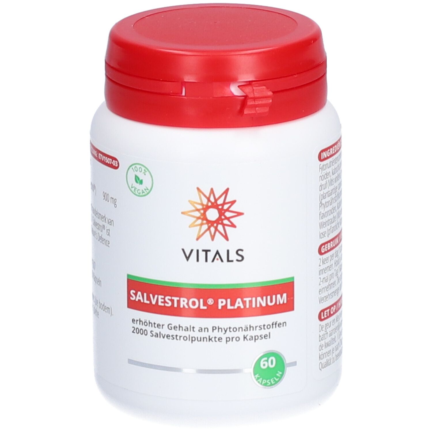 Weiße Flasche mit rotem Deckel. Aufschrift: Vitals Salvestrol Platinum, 60 Kapseln. Vegan-Siegel.