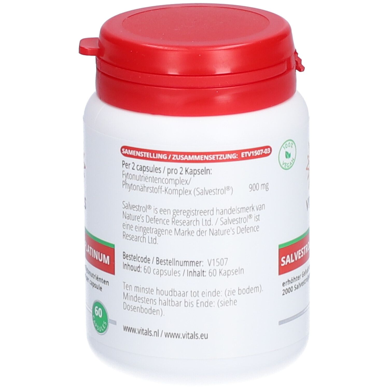 Rückseite einer weißen Flasche mit rotem Deckel. Text: Zusammensetzung, 60 Kapseln. Vegan-Siegel.