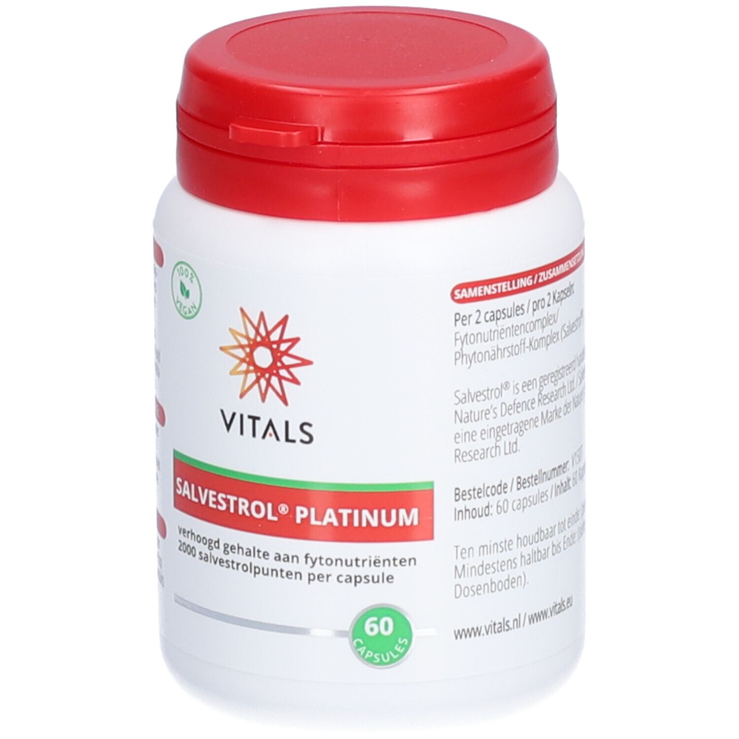 Weiße Flasche mit rotem Deckel. Aufschrift: Vitals Salvestrol Platinum, 60 Kapseln. Vegan-Siegel.