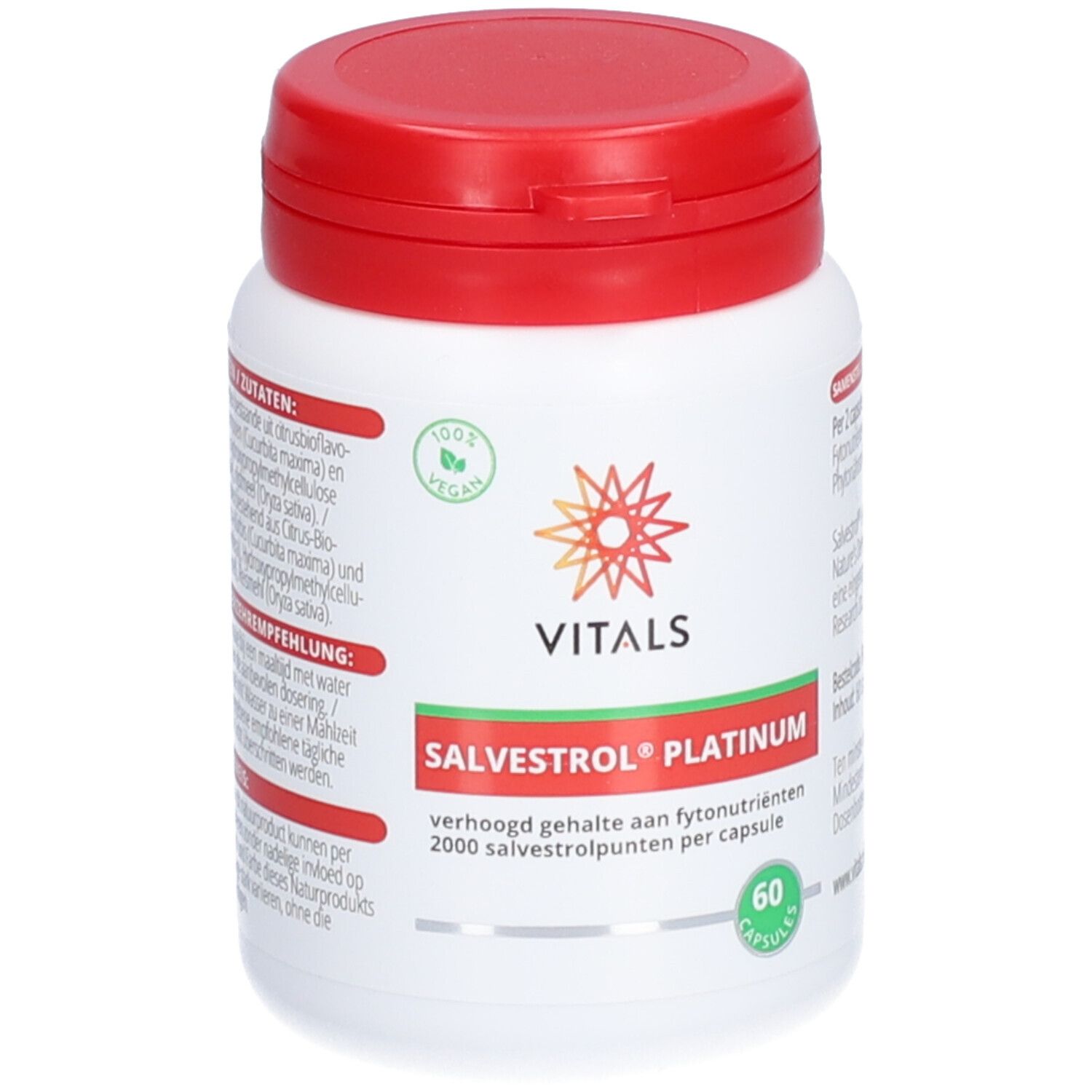 Weiße Flasche mit rotem Deckel. Aufschrift: Vitals Salvestrol Platinum, 60 Kapseln. Vegan-Siegel.