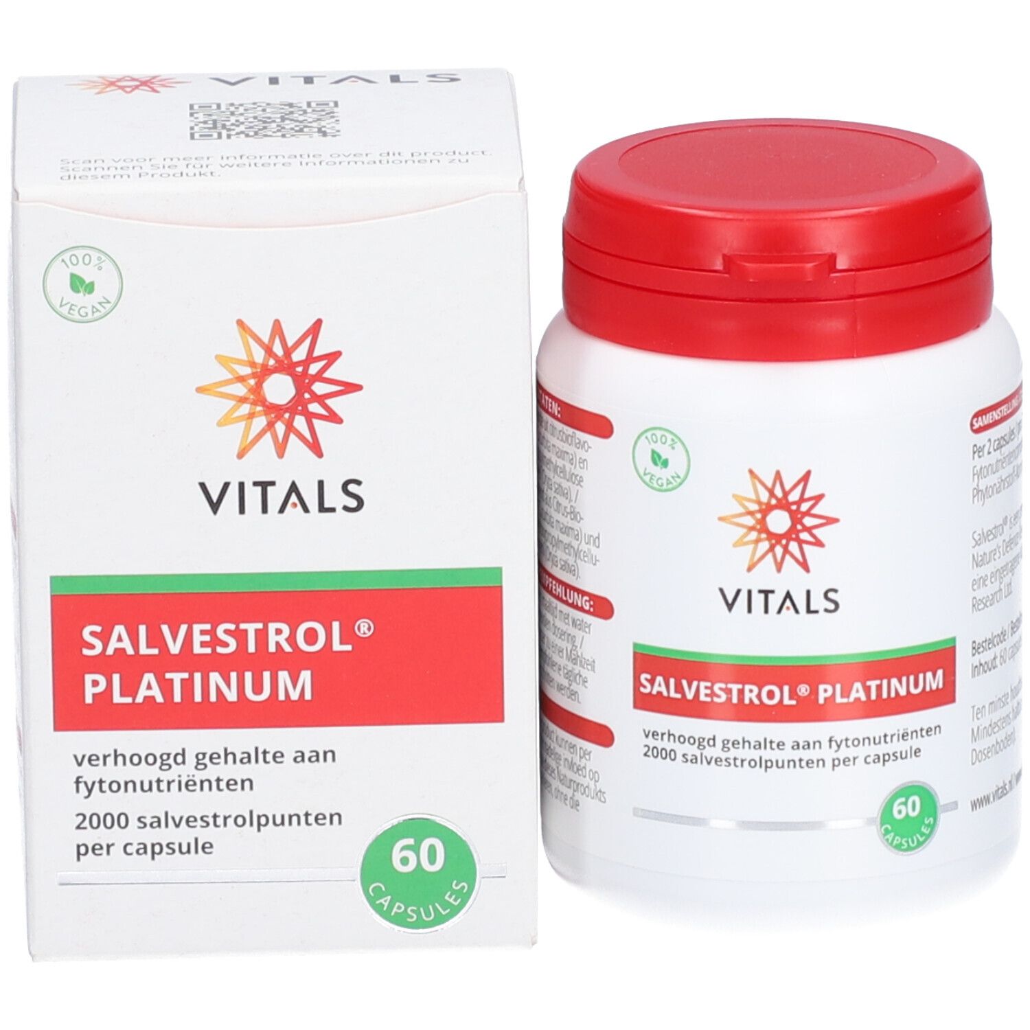 Weiße Flasche und Schachtel. Aufschrift: Vitals Salvestrol Platinum, 60 Kapseln. Vegan-Siegel.