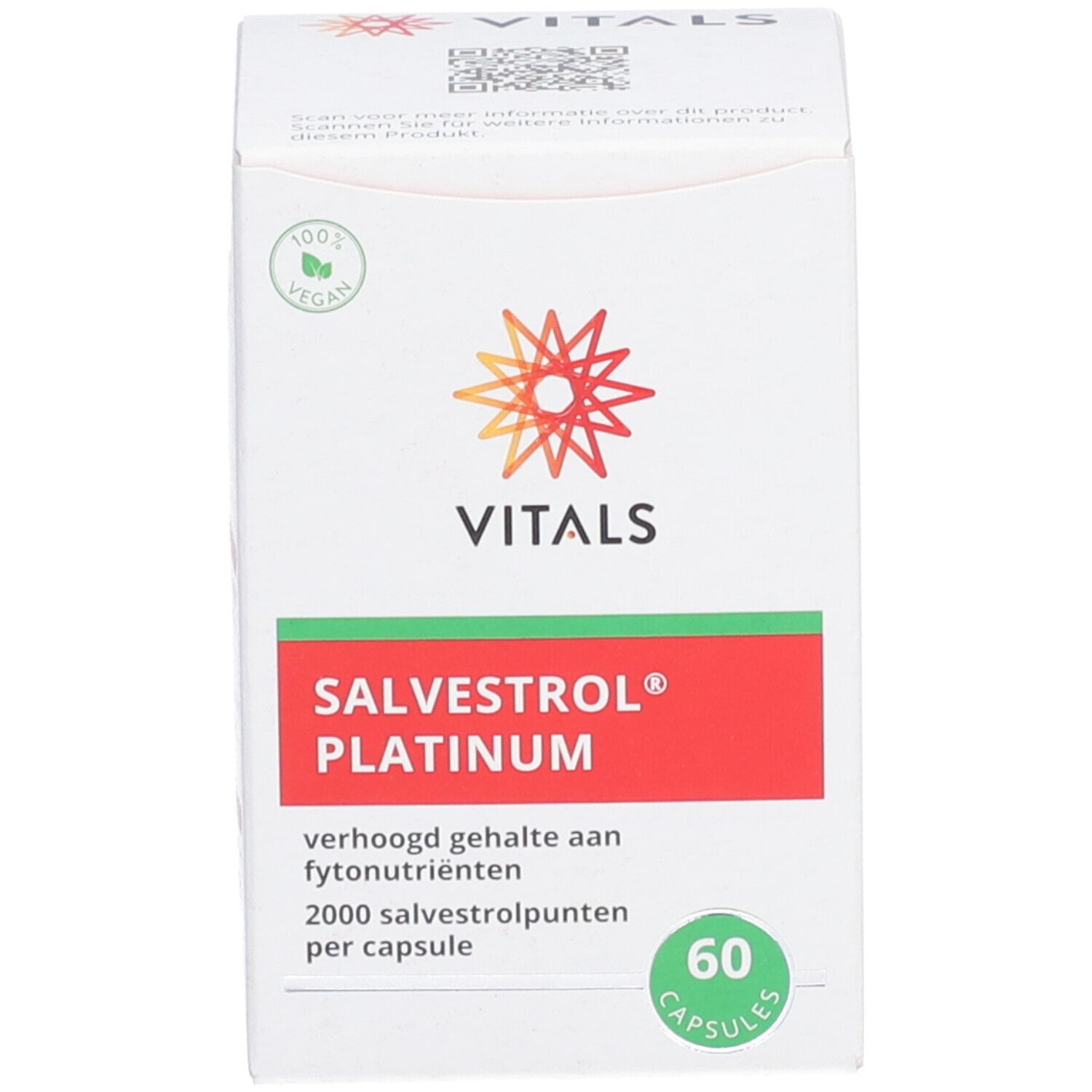 Weiße Schachtel. Aufschrift: Vitals Salvestrol Platinum, 60 Kapseln. Vegan-Siegel.