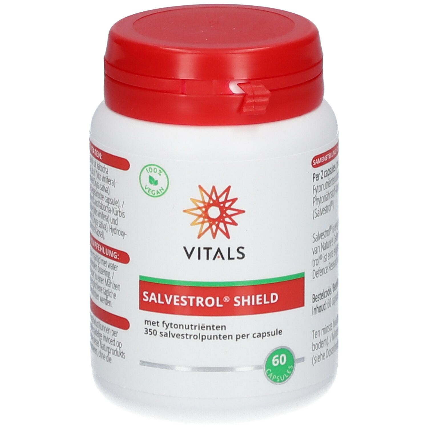 Witte fles met rode dop. Opschrift: Vitals Salvestrol Shield. 60 capsules. Vegan zegel.