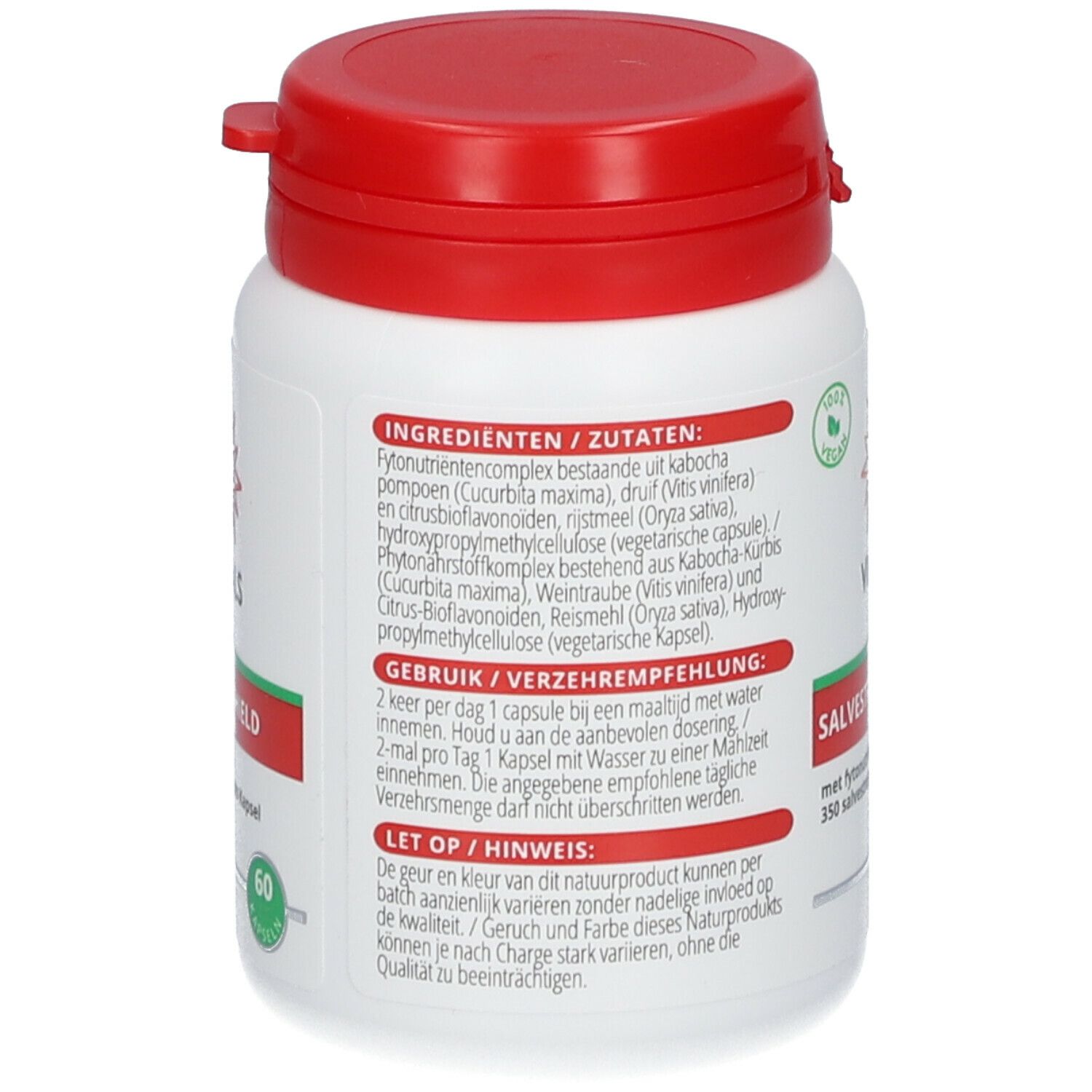 Achterkant van witte fles met rode dop. Tekst: ingrediënten, gebruiksaanwijzing, opmerkingen.