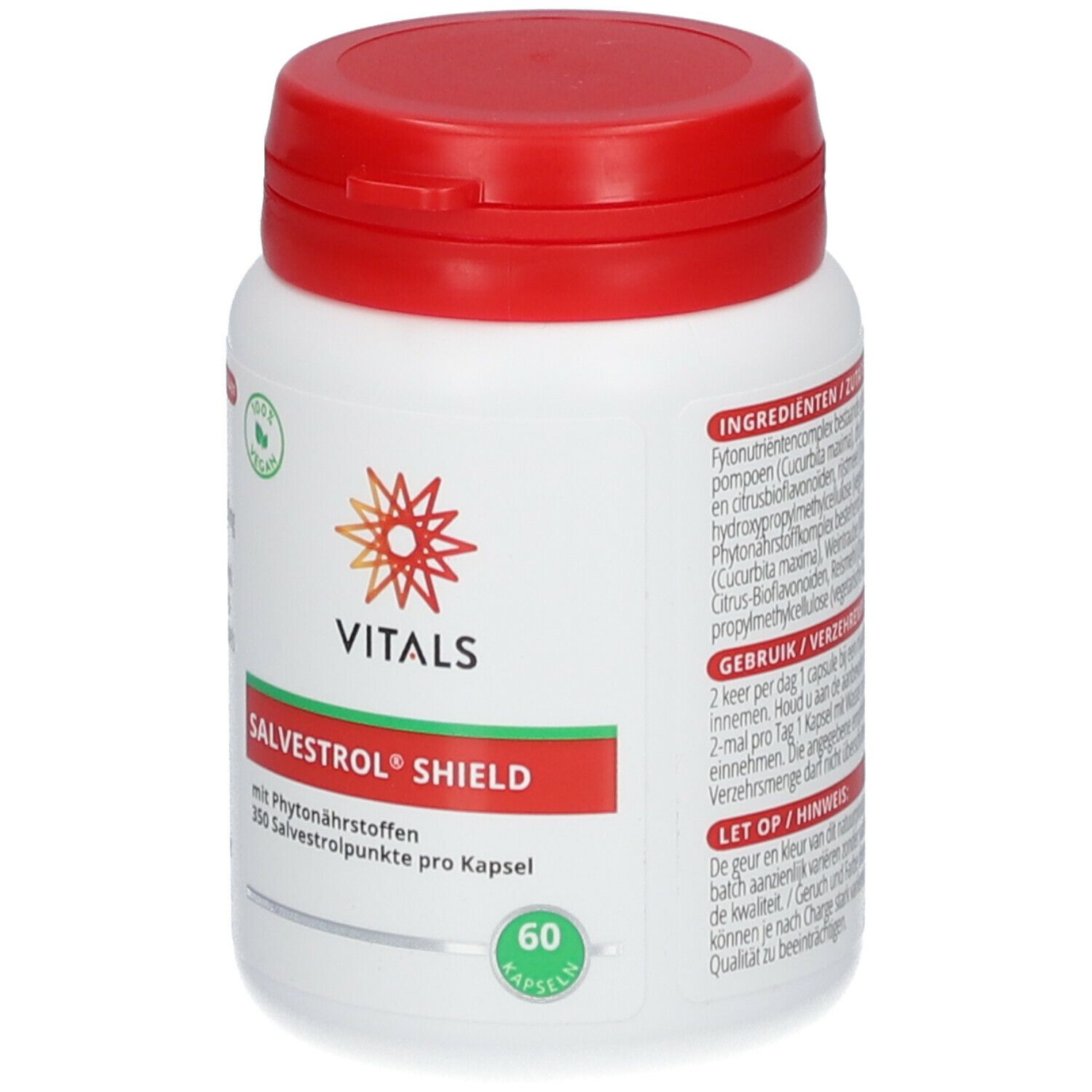Witte fles met rode dop. Opschrift: Vitals Salvestrol Shield. 60 capsules. Vegan zegel.