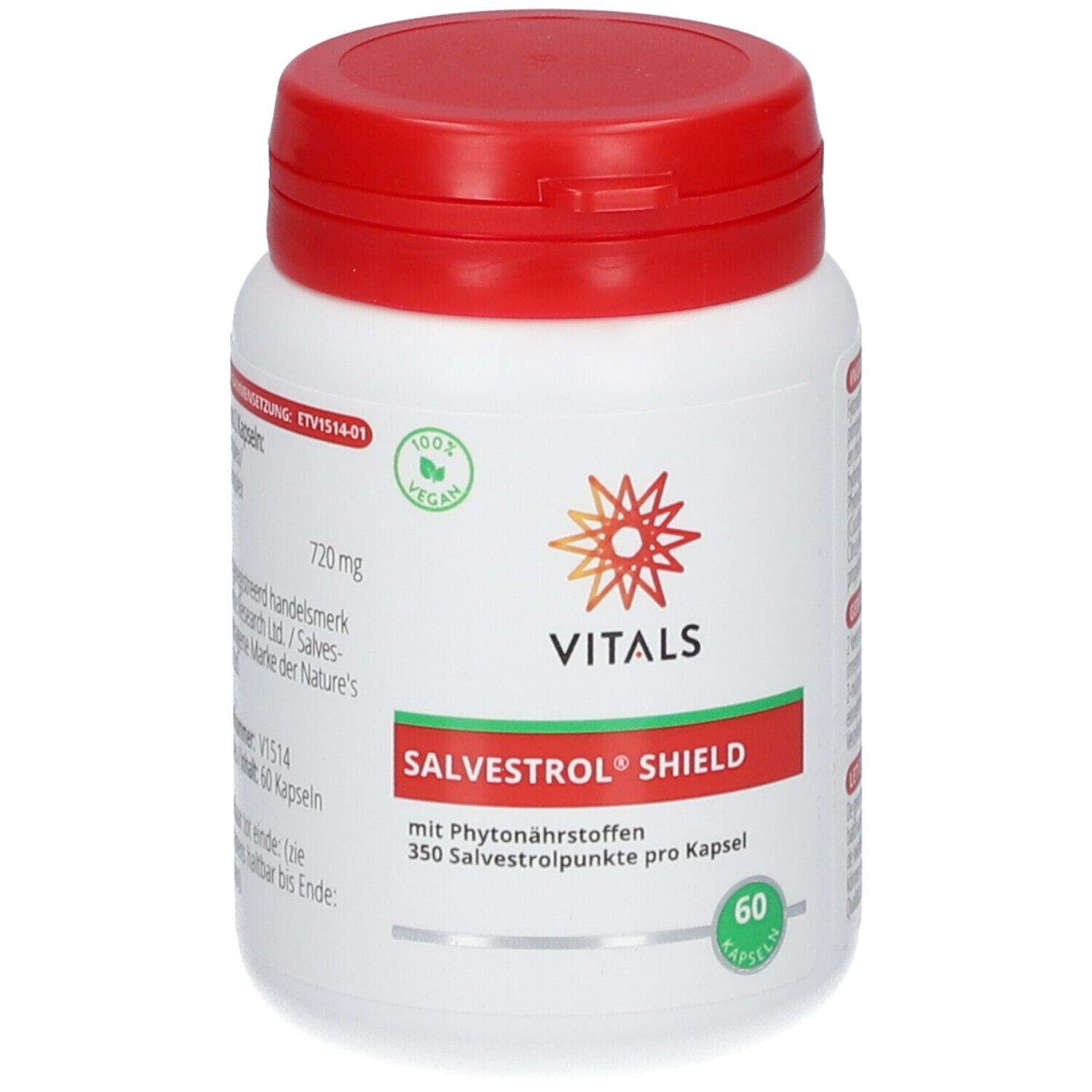 Witte fles met rode dop. Opschrift: Vitals Salvestrol Shield. 60 capsules. Vegan zegel.