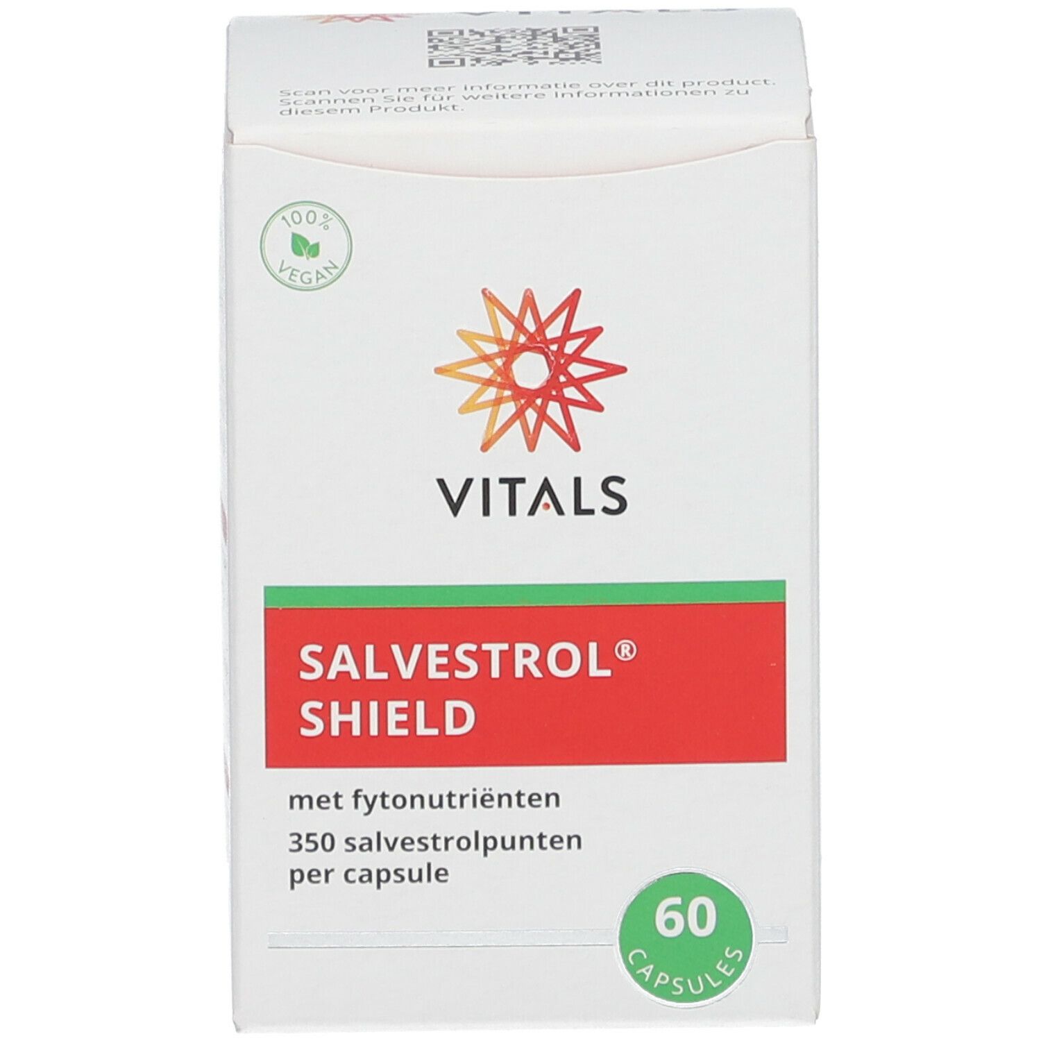 Witte doos. Opschrift: Vitals Salvestrol Shield. 60 capsules. Vegan zegel.