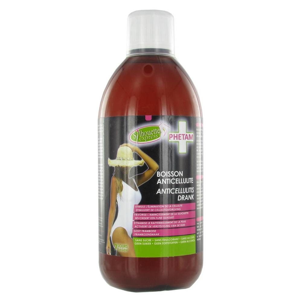 Bruine fles met witte dop. Etiket met productnaam, vrouw in badpak. Tekst: Boisson Anticellulite, Phetam.