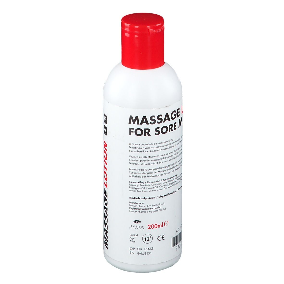 Bouteille blanche à bouchon rouge. Inscription : Massage pour les muscles endoloris. Texte en plusieurs langues. 200ml.