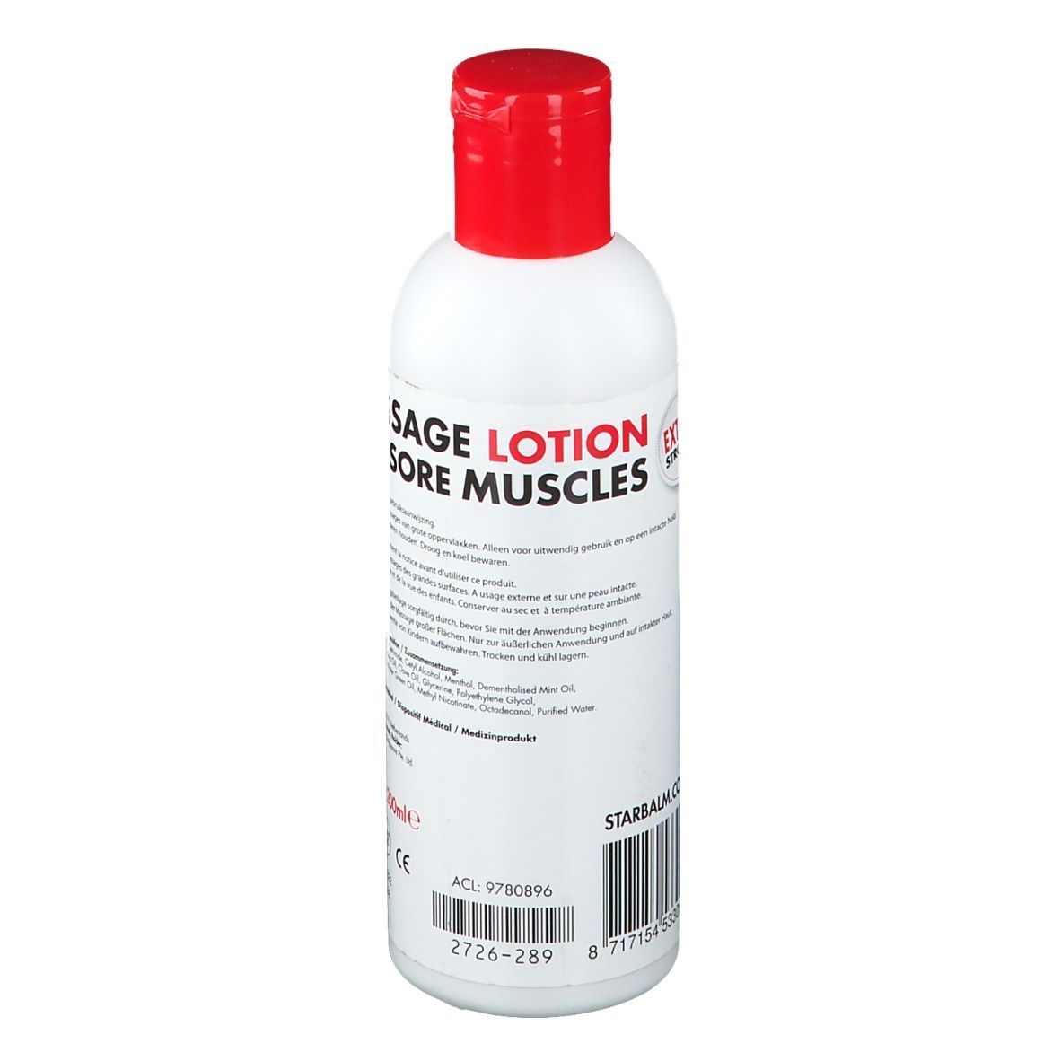 Bouteille blanche à bouchon rouge. Inscription : Lotion de sauge pour les muscles endoloris. Texte multilingue. 200ml.