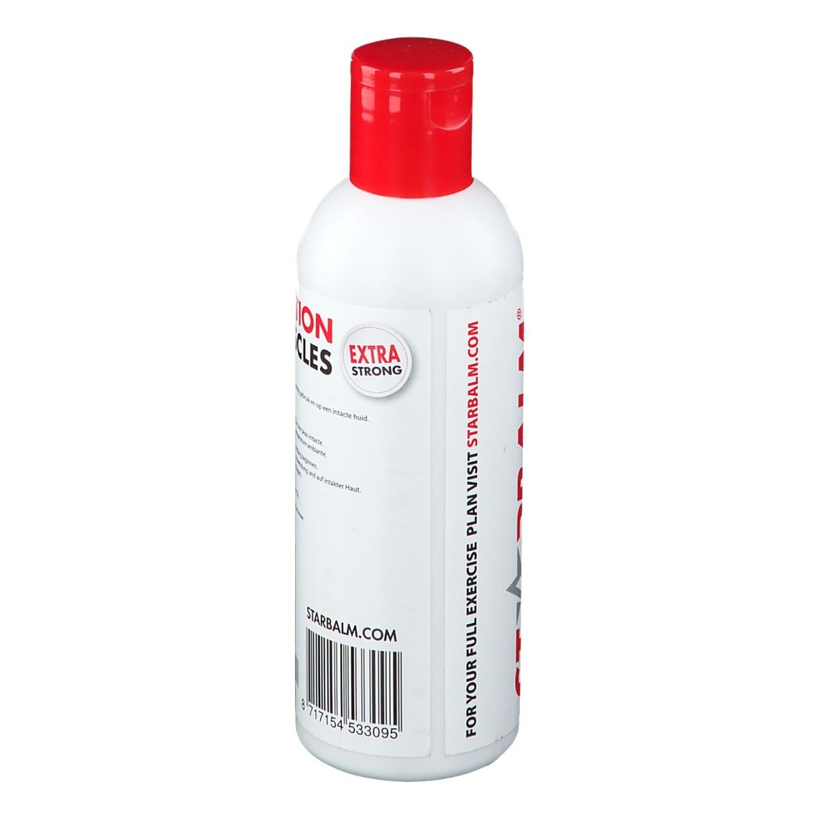 Bouteille blanche à bouchon rouge. Inscription : Starbalm.com. Pour un exercice complet, visitez starbalm.com. Extra fort.