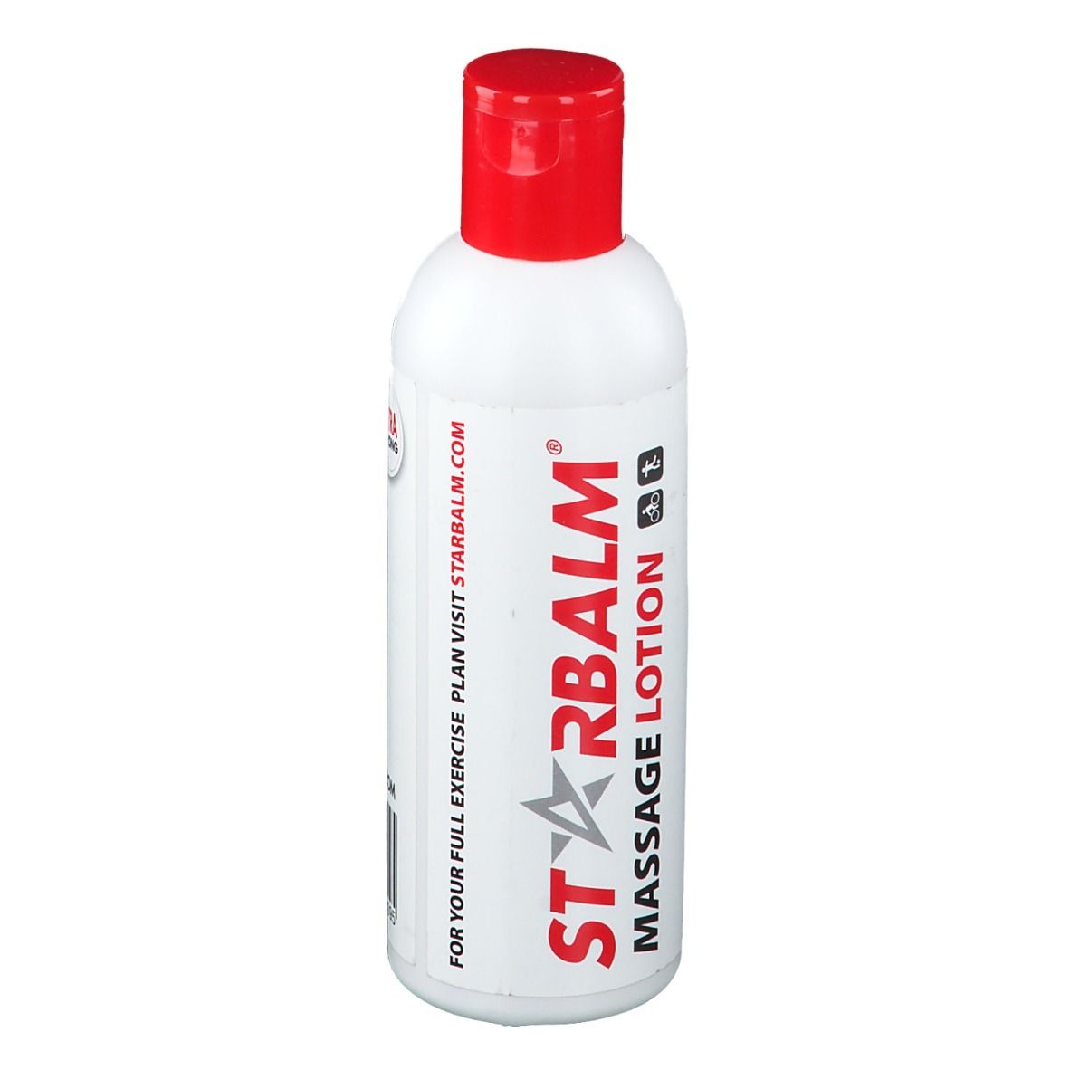 Bouteille blanche à bouchon rouge. Inscription : Starbalm Massage Lotion. Pour un exercice complet, visitez starbalm.com.