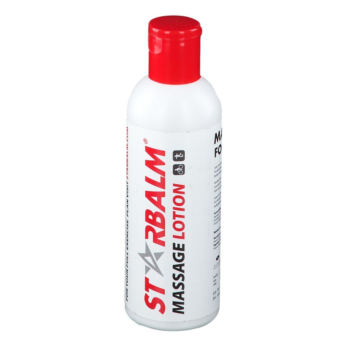 Bouteille blanche à bouchon rouge. Inscription : Starbalm Massage Lotion. Pour un exercice complet, visitez starbalm.com.