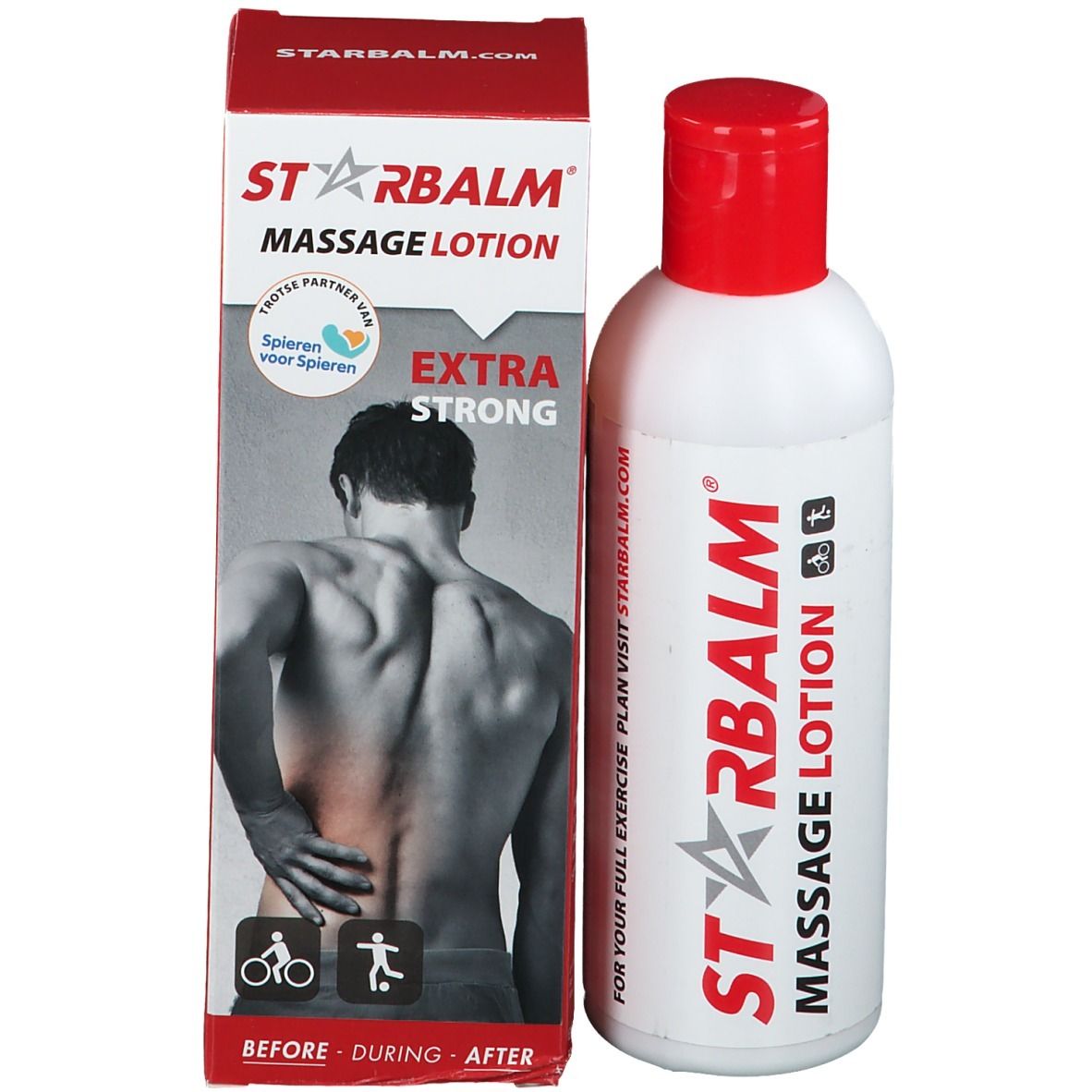 Emballage du produit et bouteille. Inscription : Starbalm Massage Lotion. Extra fort. Illustration d'un dos.