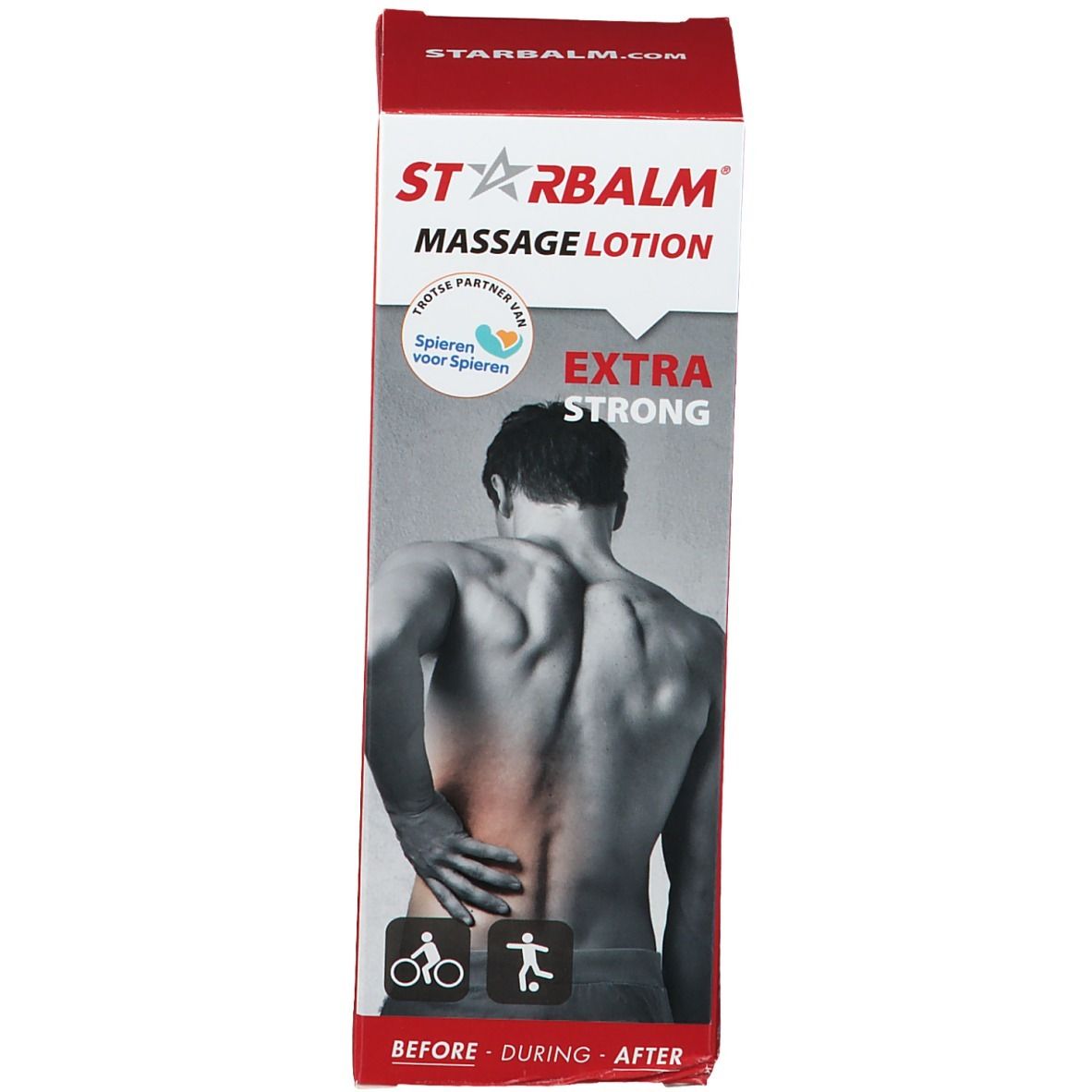 Emballage du produit. Inscription : Starbalm Massage Lotion. Extra fort. Illustration d'un dos.