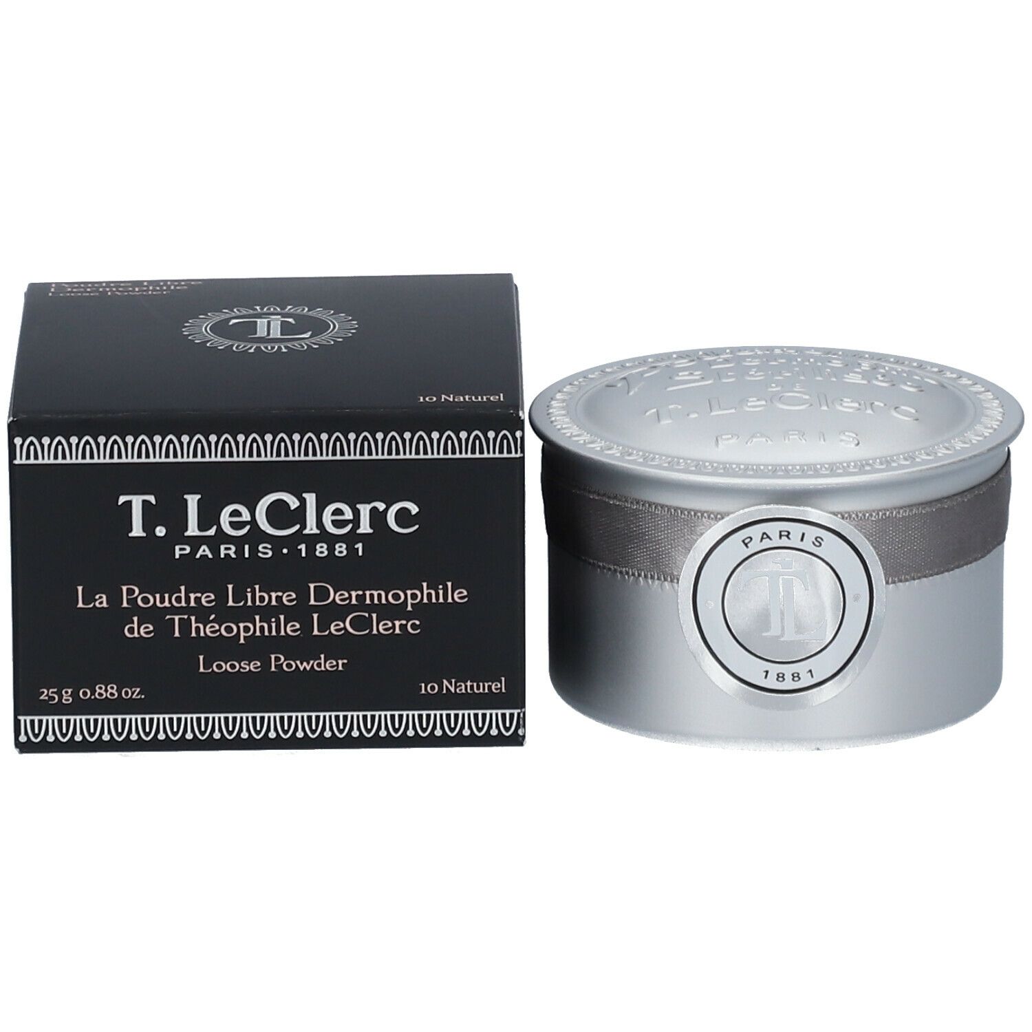 Boîte noire et boîte argentée. Texte : T. LeClerc PARIS 1881. La Poudre Libre Dermophile. 10 Naturel.