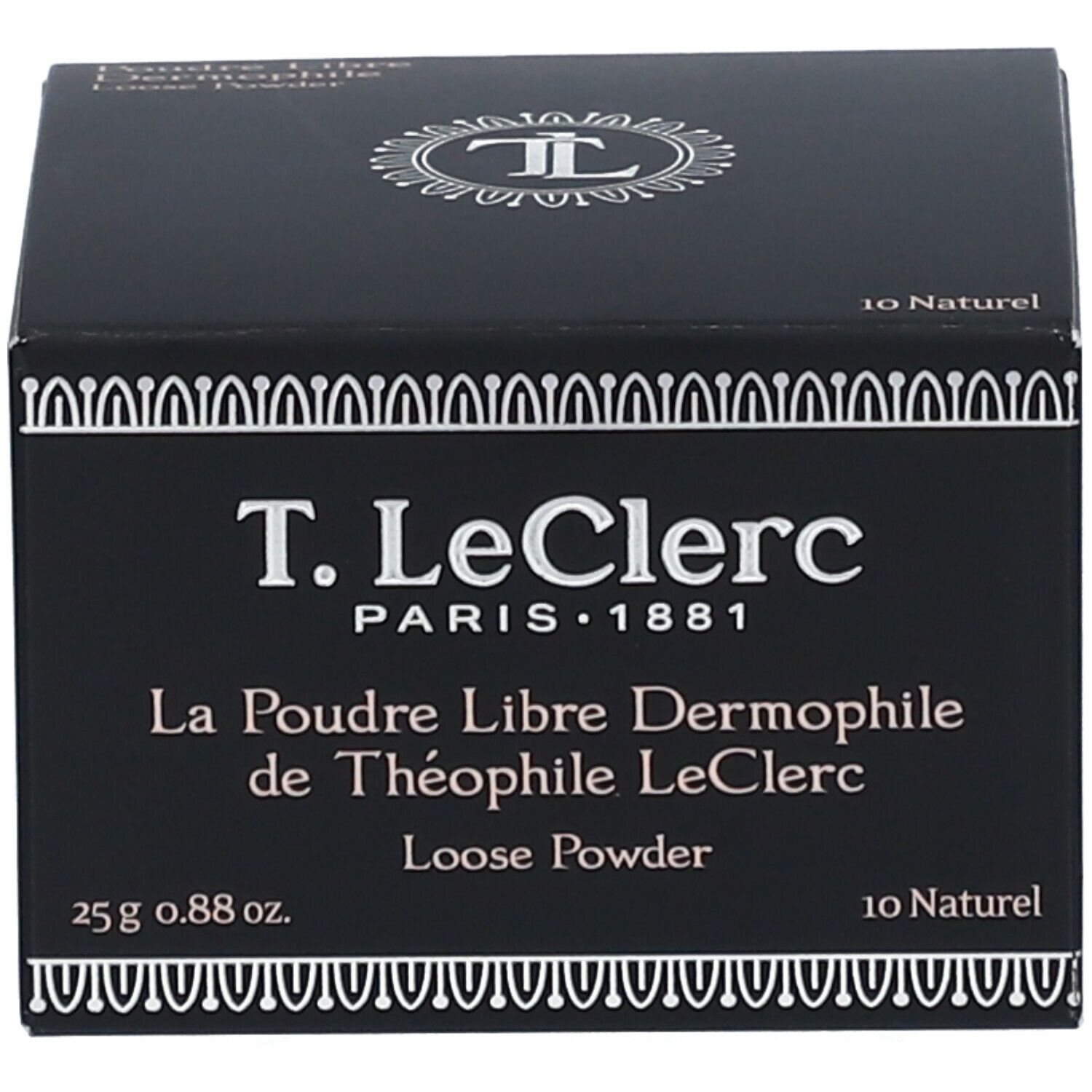 Boîte noire. Texte : T. LeClerc PARIS 1881. La Poudre Libre Dermophile. 10 Naturel.