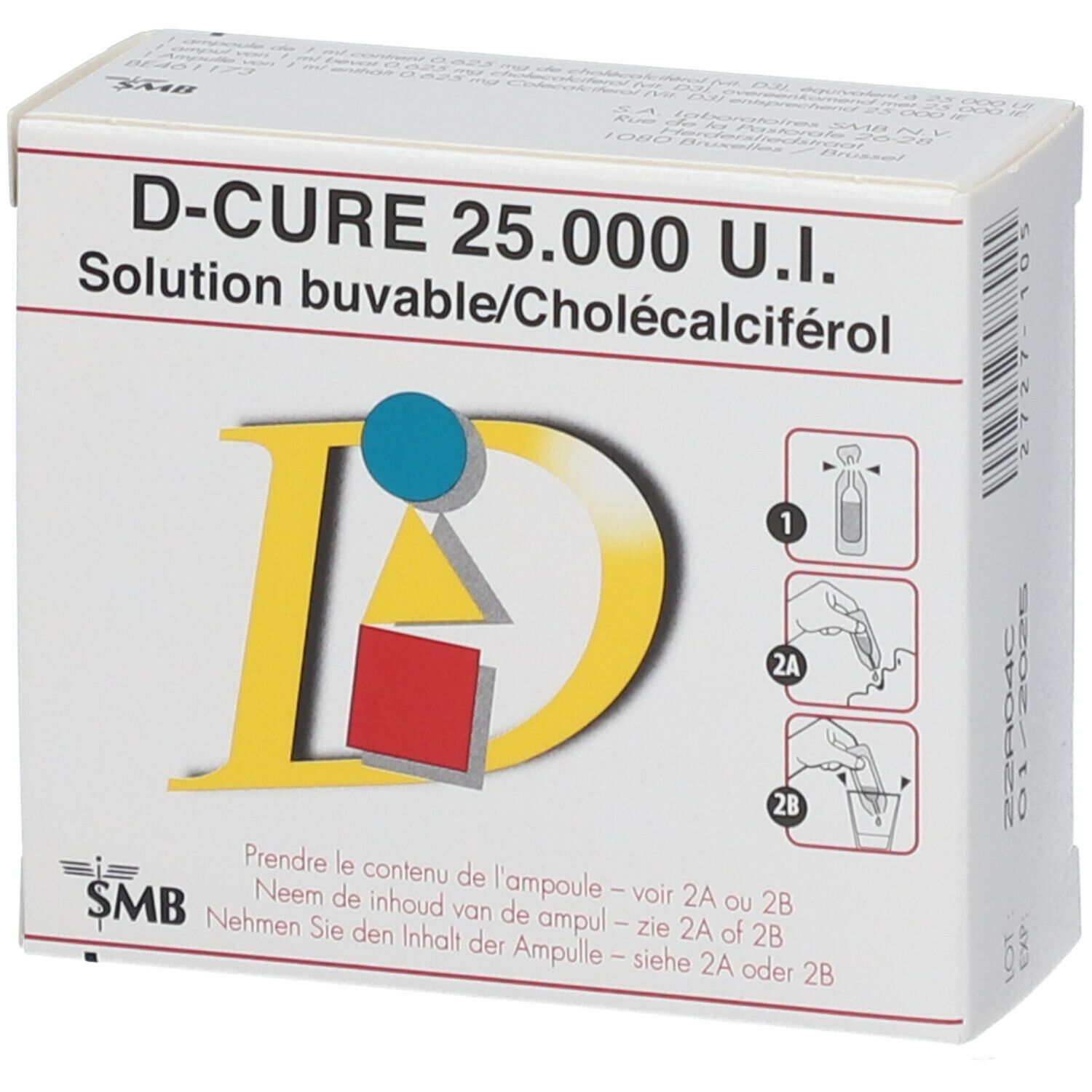 Boîte de D-Cure 25.000 U.I. Solution buvable. Contient une ampoule et des instructions. Logo SMB.