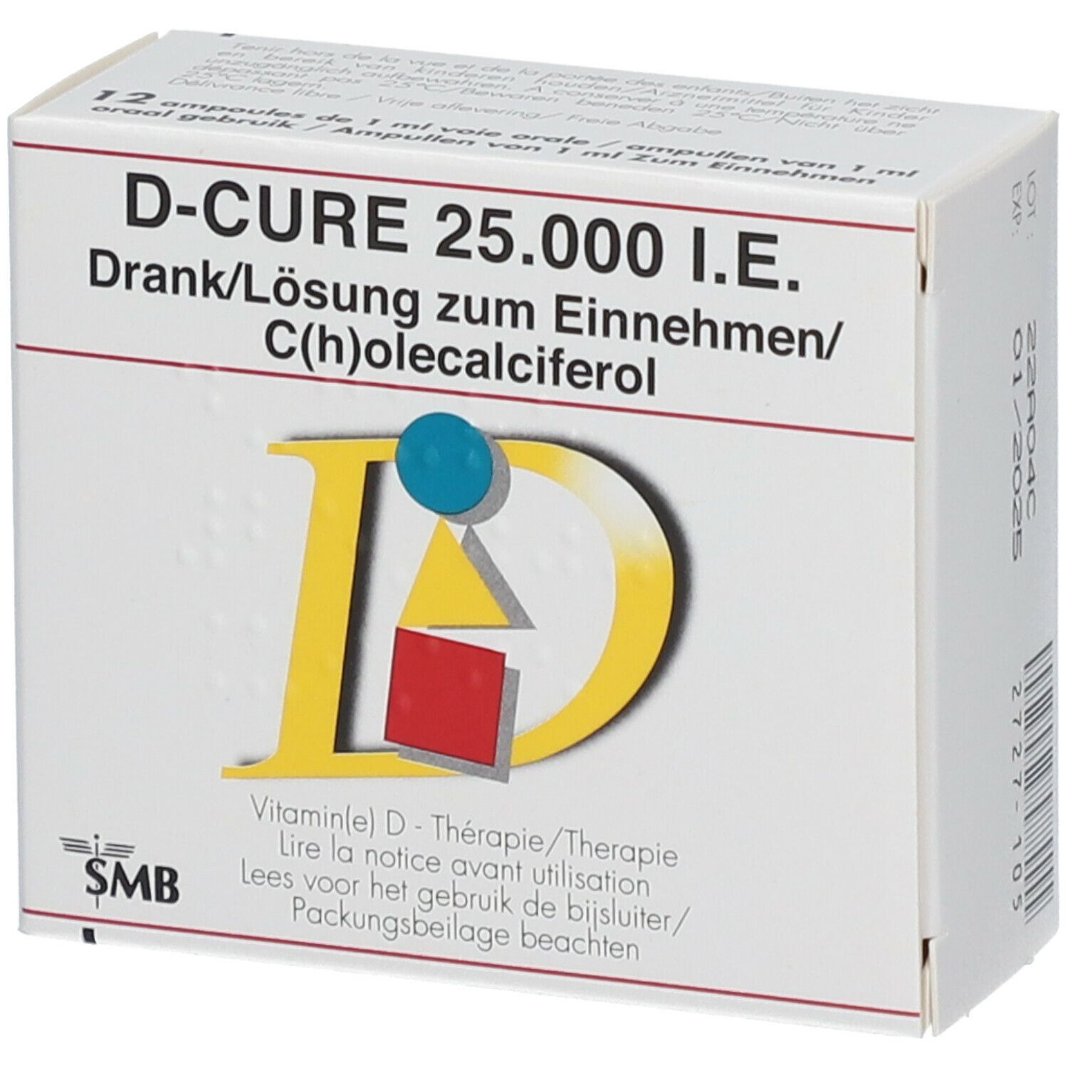 Boîte de D-Cure 25.000 I.E. solution buvable. Contient 12 ampoules. Logo SMB.
