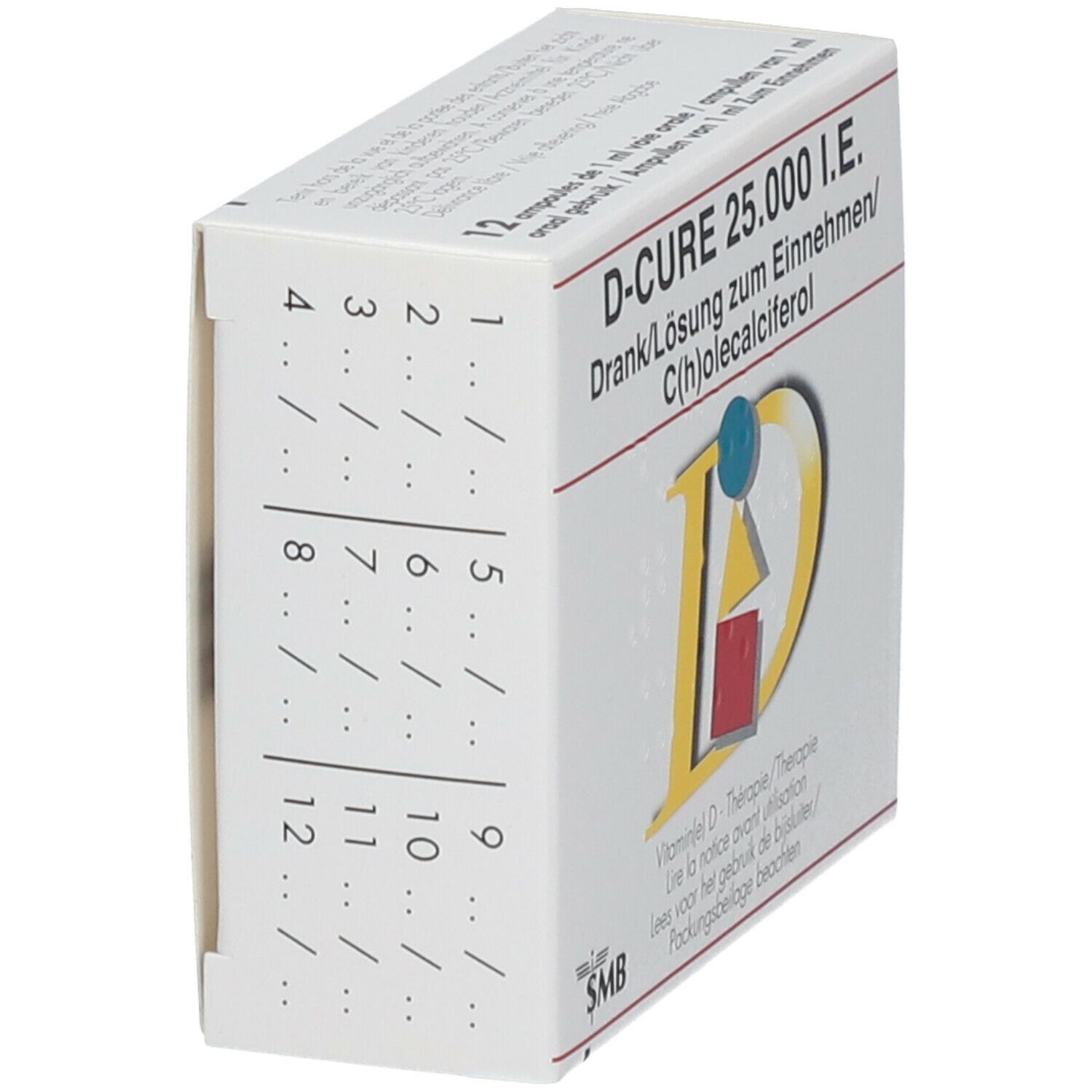 Vue latérale de la boîte D-Cure 25.000 I.E. Montre une liste numérotée. Logo SMB.